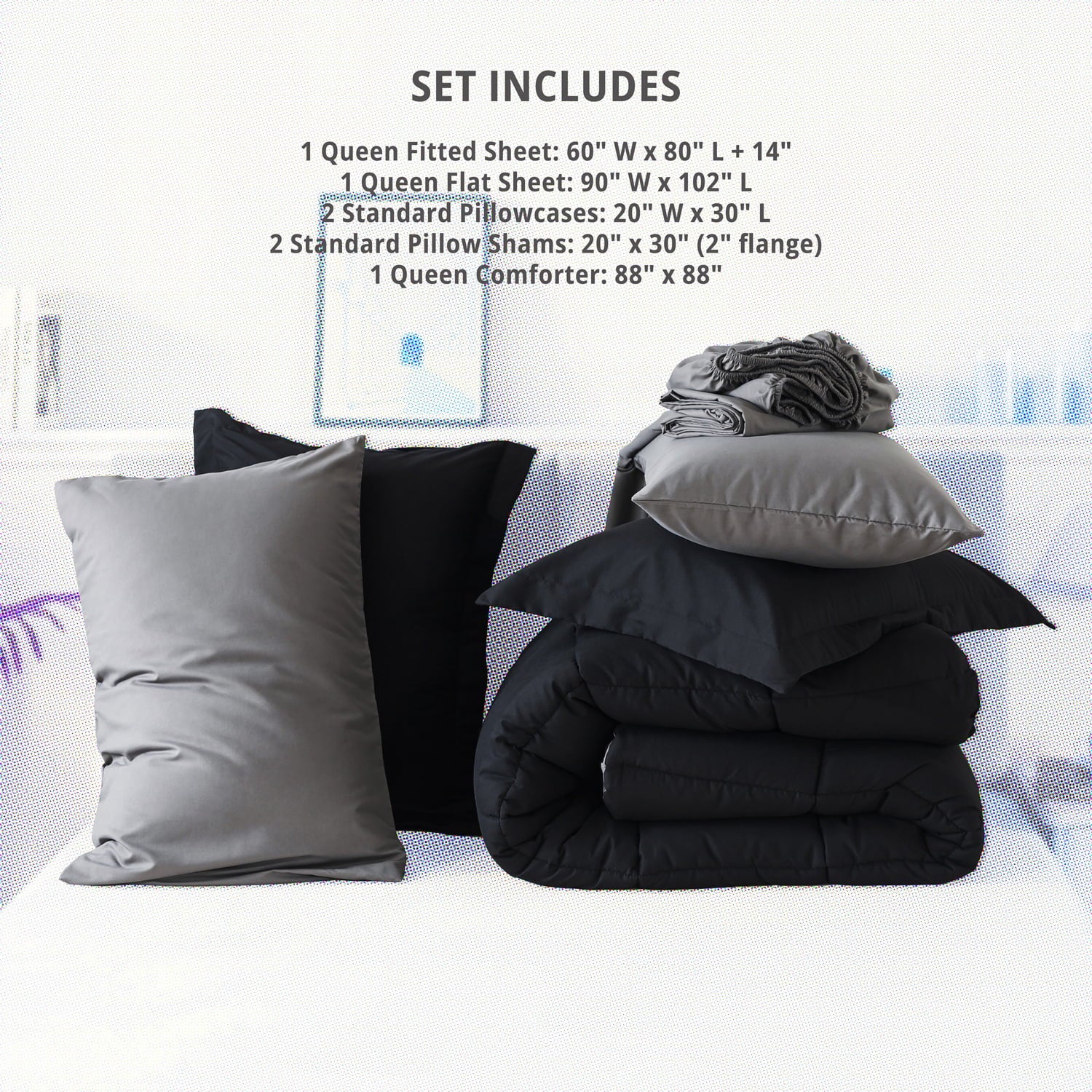 Queen Size 7 Piece Comforter Set | Bed in a Bag for Unisex Adult | Black/Gray - Image 6