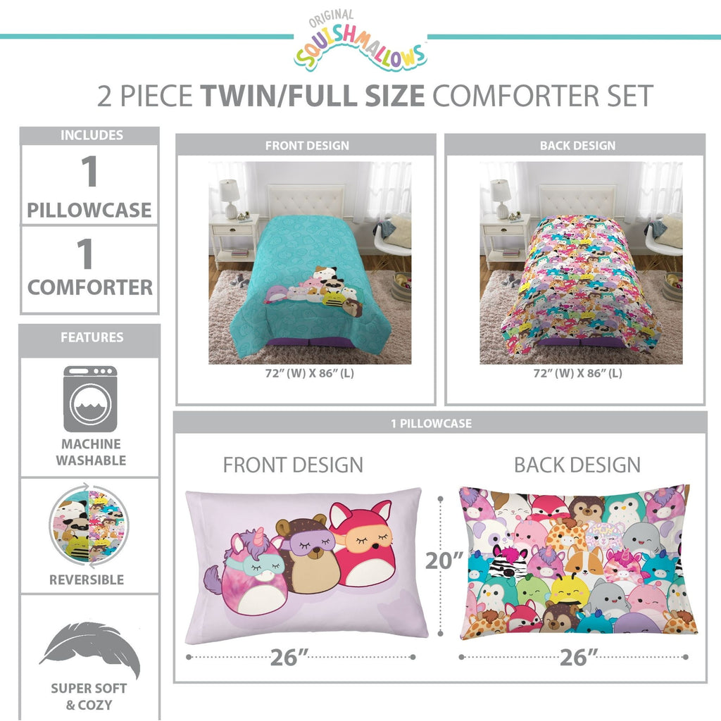 Squishmallows Kids 2 Piece Teal Blue Reversible Comforter and Pillowcase set, Twin/full - Image 6