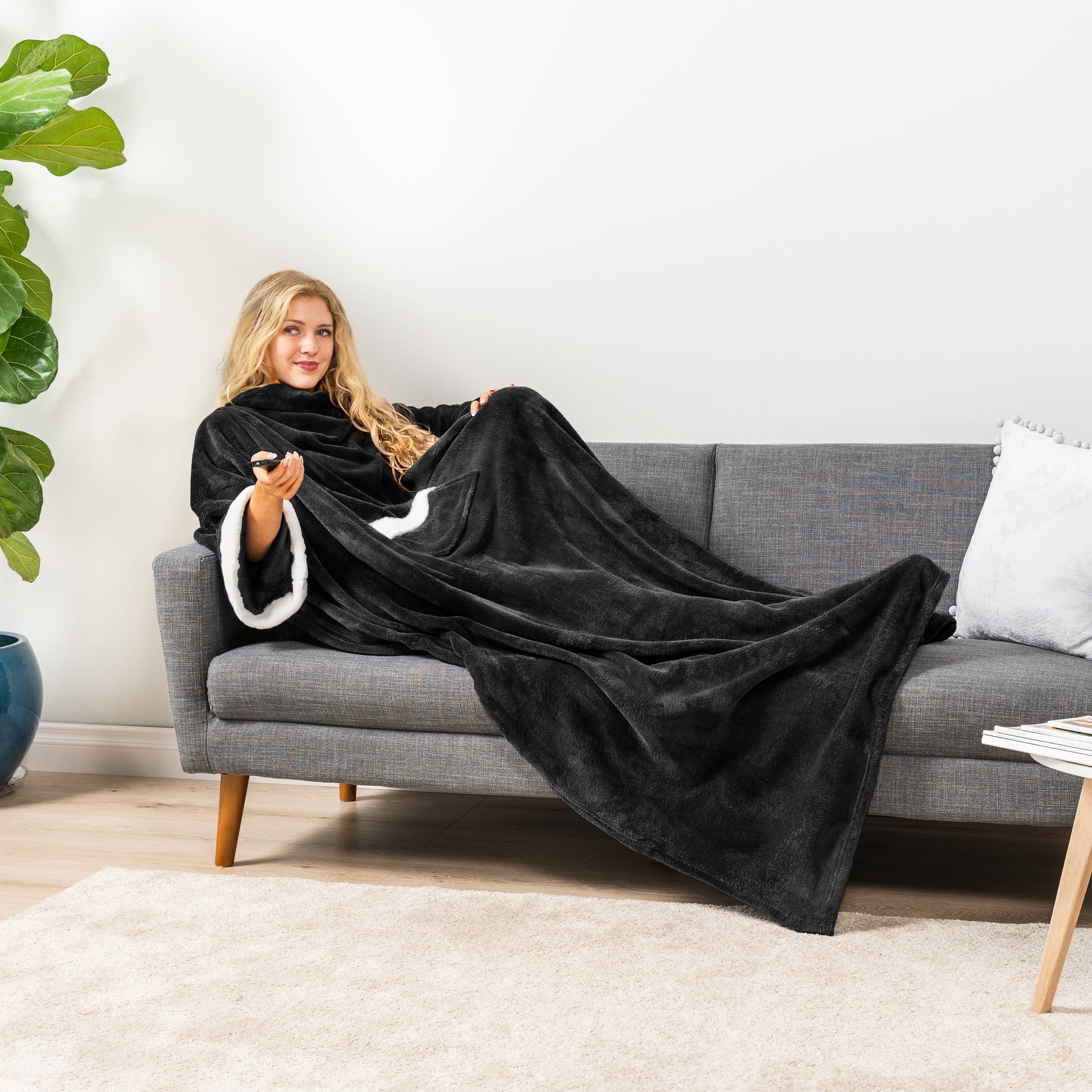 PAVILIA Fleece Blanket with Sleeves for Women Men Adults, Wearable Blanket Warm Soft Plush, Snuggle Pocket Sleeved TV Throw Wrap, Cozy White - Image 5