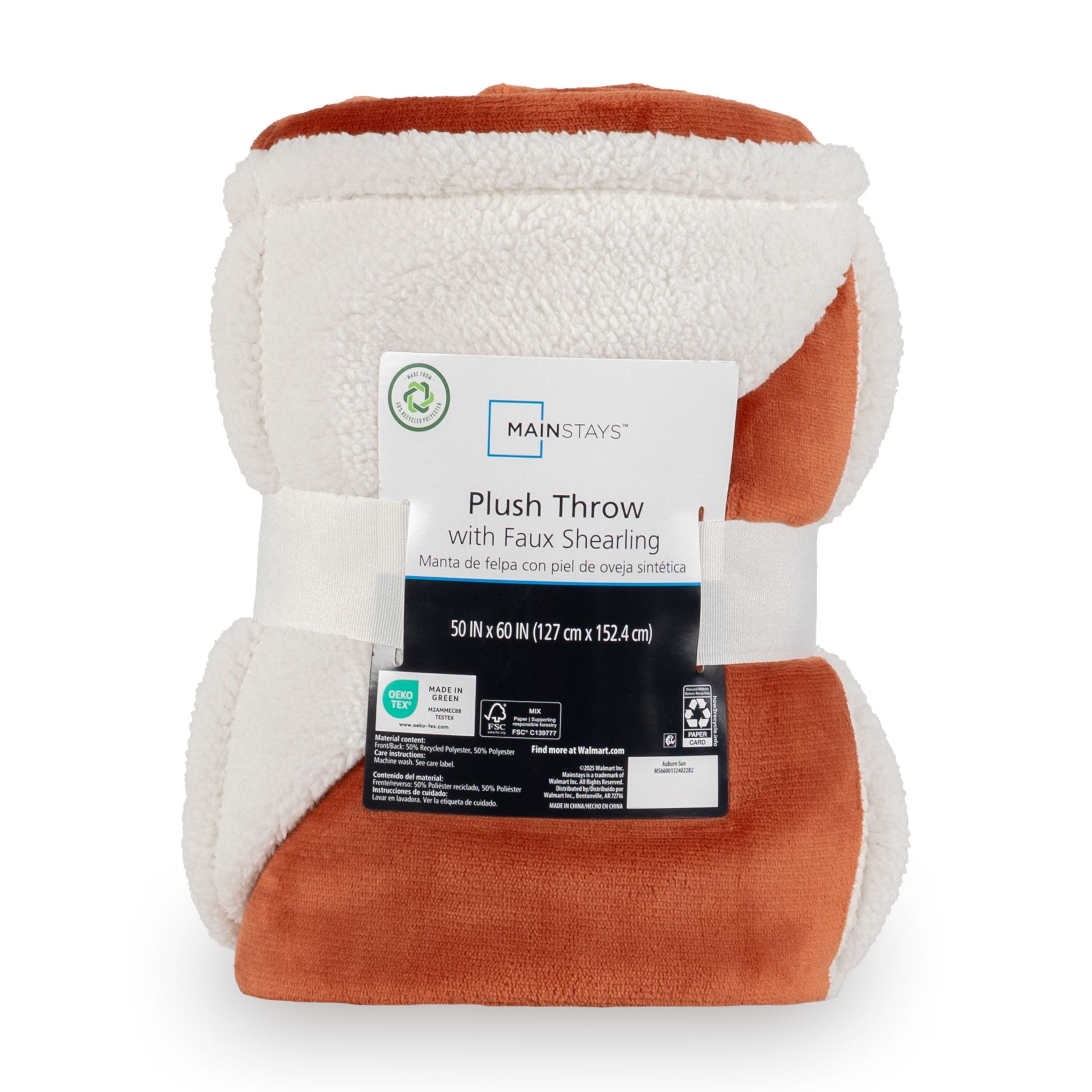 Mainstay Reversible Printed Velvet Plush and Hampshire Faux Shearling Soft Throw Blanket, Standard Size, Auburn Sun - Image 6