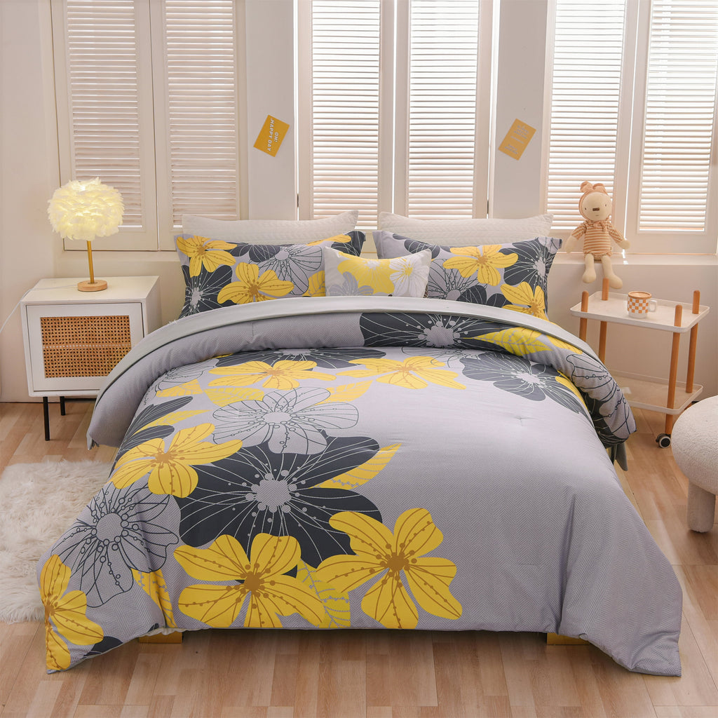 Yellow Floral Comforter Set Queen Flower Bed Set Adult Soft Botanical Boho Bedding Set - Image 4