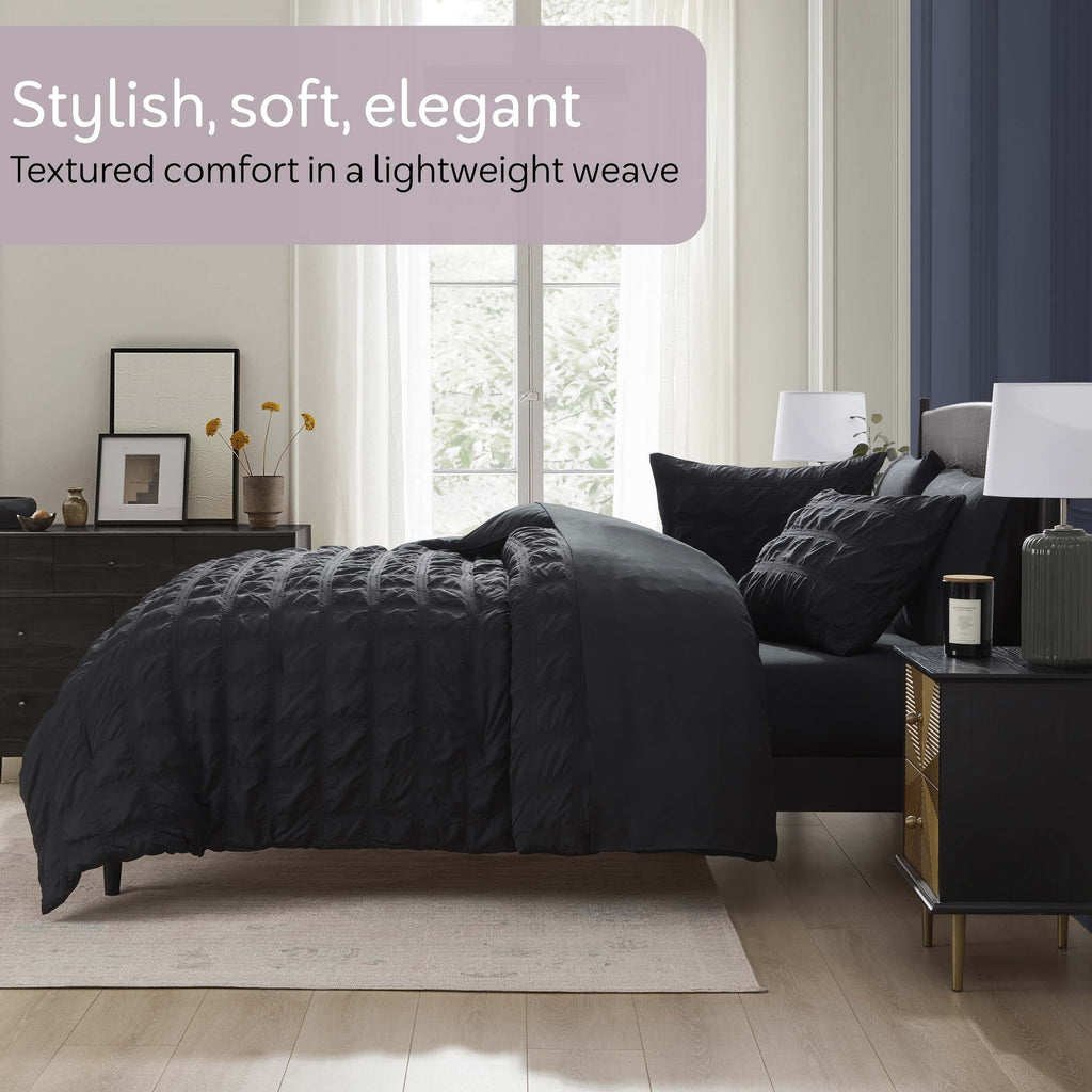 Queen Comforter Set, Seersucker Queen Size Comforter Set, 7-Pc All Season Bedding Comforter Set, Black - Image 2