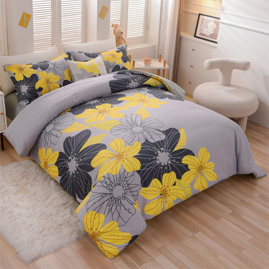 Yellow Floral Comforter Set Queen Flower Bed Set Adult Soft Botanical Boho Bedding Set - Image 5