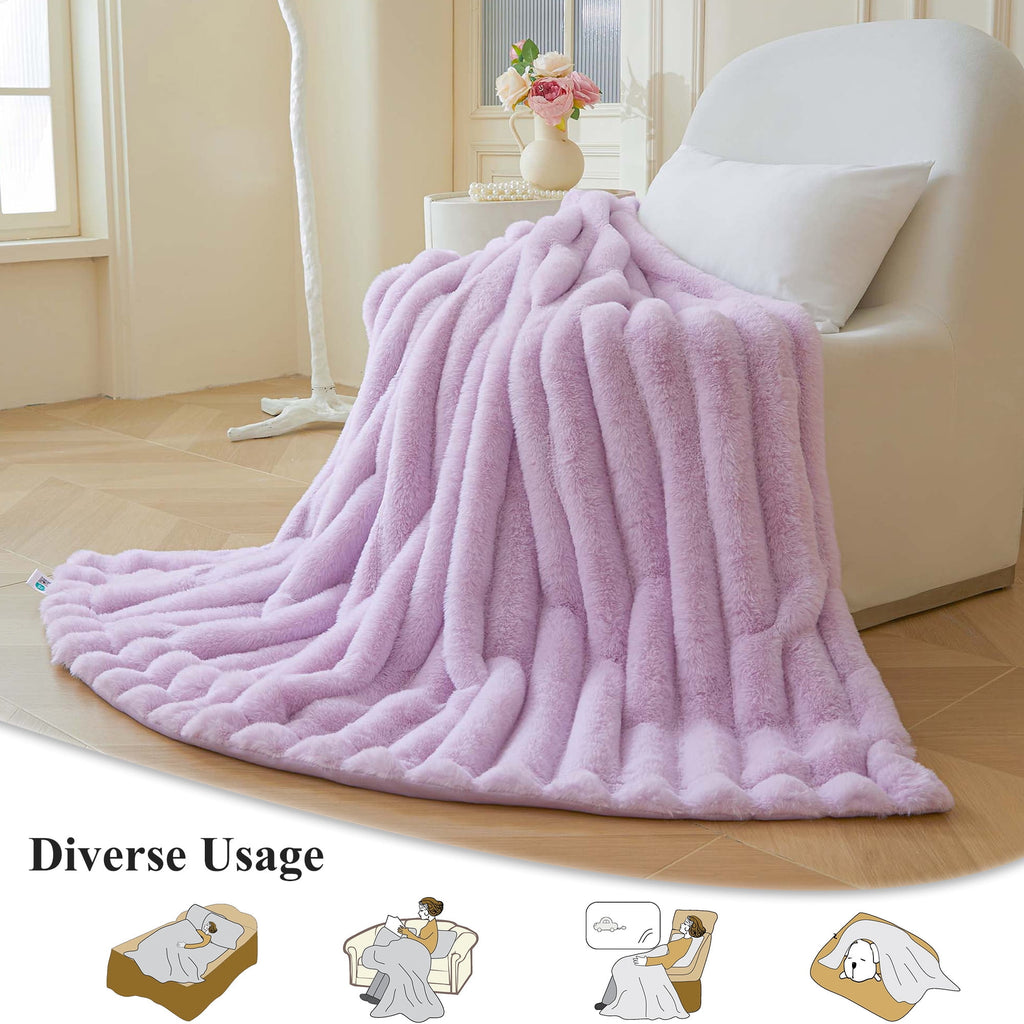 Fluffy Faux Rabbit Fur Throw, Cozy Wide Stripe Plush Fuzzy Blanket for Bed Couch Sofa Chair, Light Purple Shaggy Thro... - Image 3