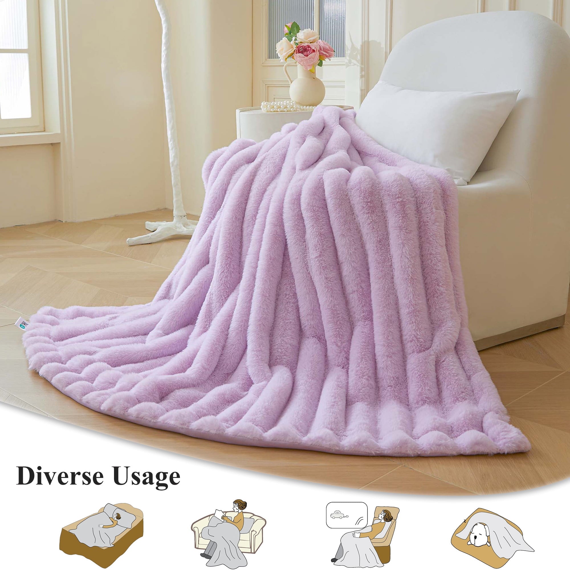 Fluffy Faux Rabbit Fur Throw, Cozy Wide Stripe Plush Fuzzy Blanket for Bed Couch Sofa Chair, Light Purple Shaggy Thro... - Image 3