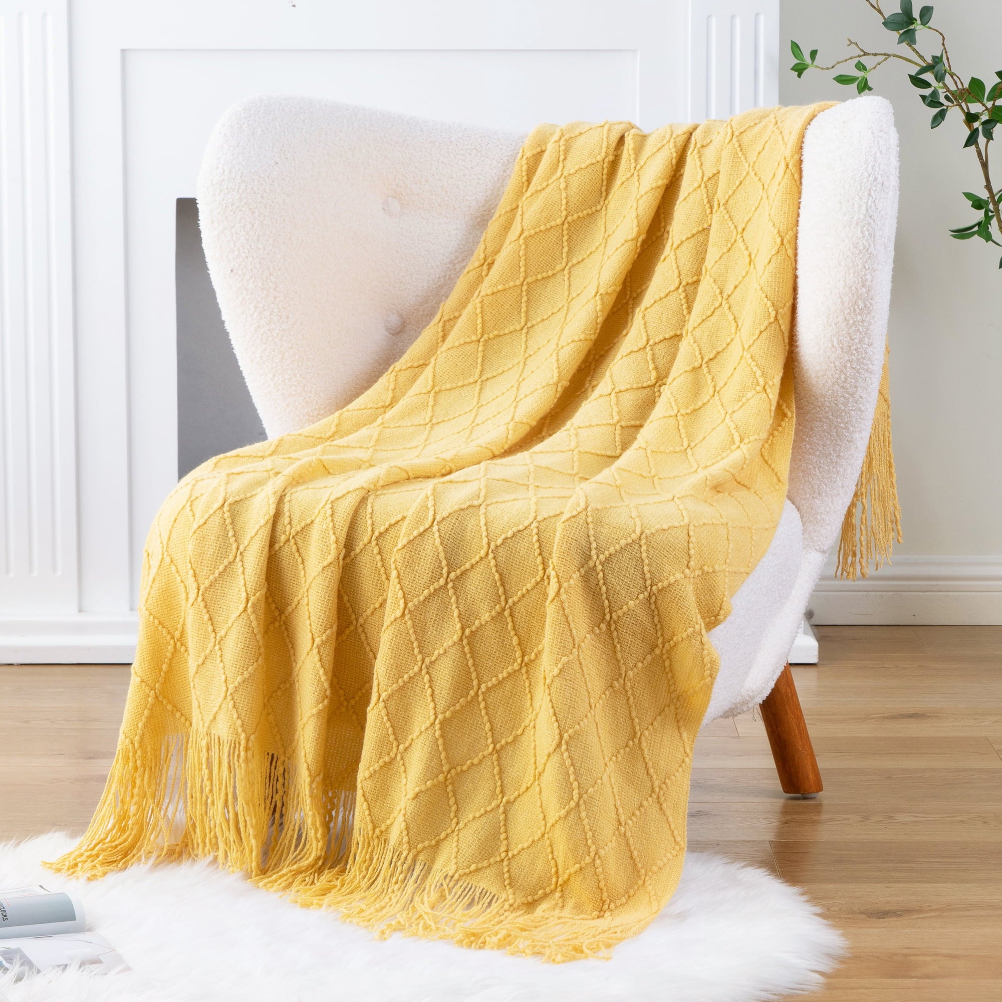 Mustard Throw Blanket for Couch,Gold Yellow Knit Throw with Fringe,Outdoor Throw ,50"x60" - Image 4
