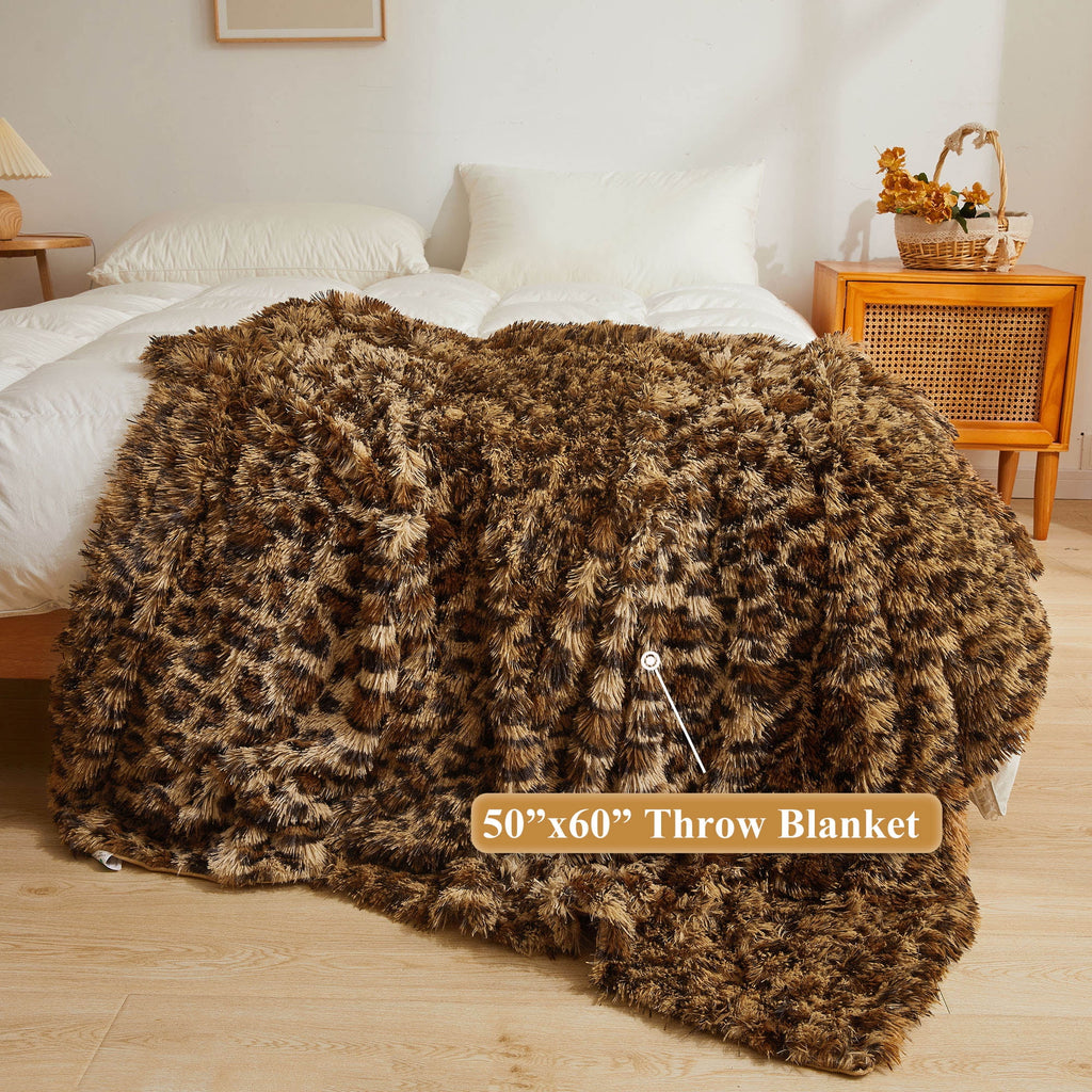 XeGe Luxury Faux Fur Leopard Print Throw, Soft 50x60 Cheetah Print Fluffy Blanket, Shaggy Plush Decorative Couch Throw, Cute Furry Fuzzy Ani - Image 2