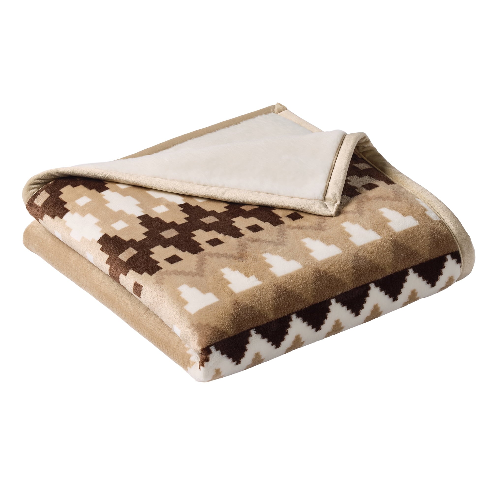 Printed Velvet Plush Reverse to Faux Fur Super Soft Throw Blanket, Oversized, Linder Border Beige - Image 3