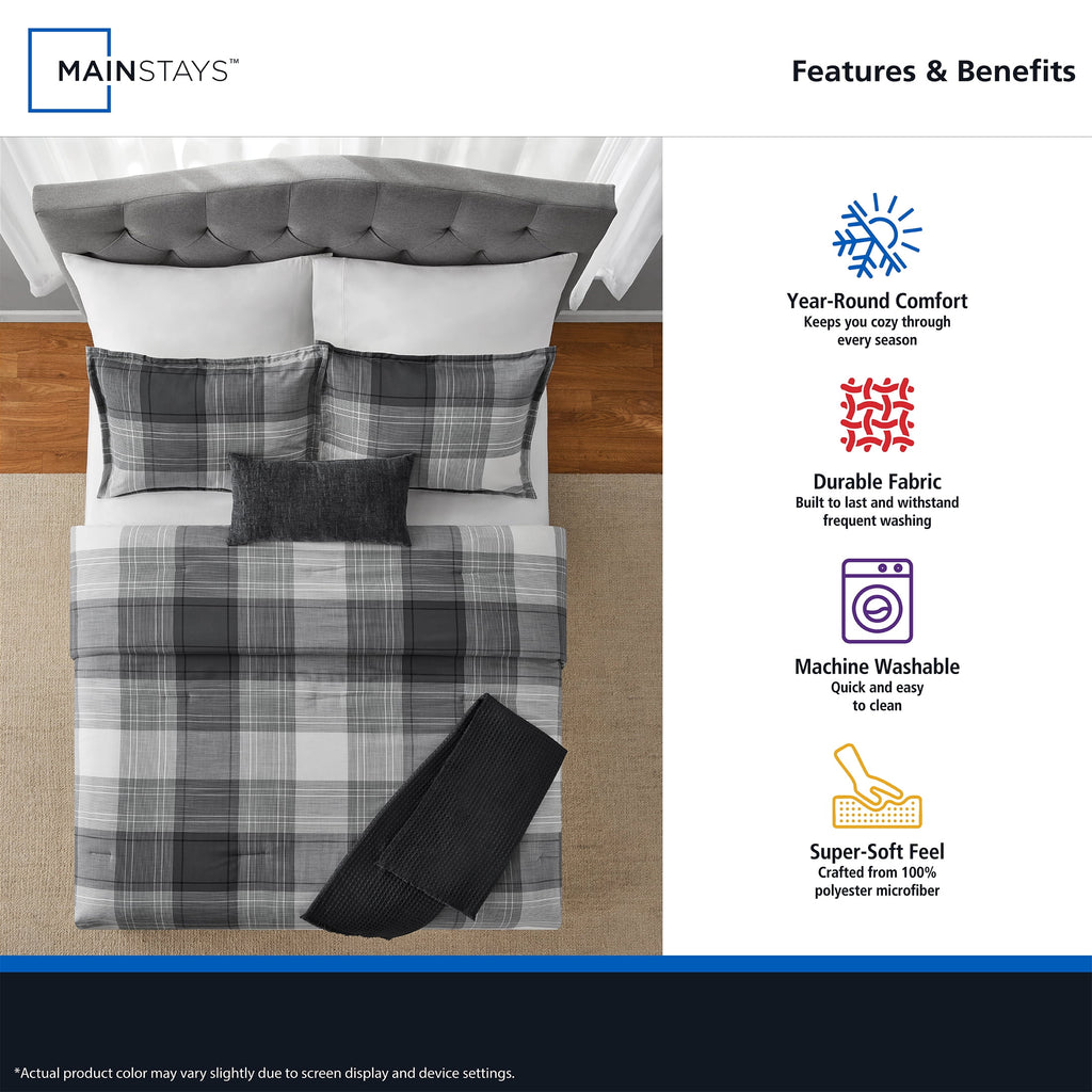 Full/Queen Comforter Set, All-Season, 5-Piece, Grey Plaid - Image 4