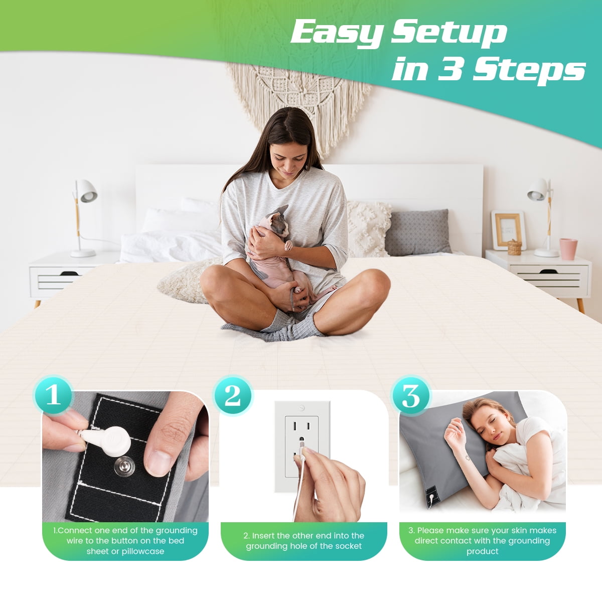 GRUENERDE Conductive Grounding Bed Sheets for Better Sleep with 15ft Cord 10% Pure Silver Fiber 27x52in Gray - Image 5