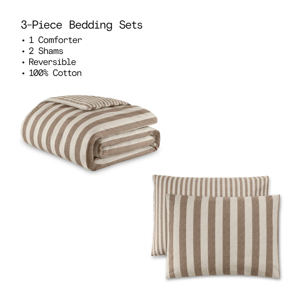 Beautiful 100% Cotton Striped 3-Piece Natural Comforter Set, Full/Queen by Drew Barrymore - Image 2