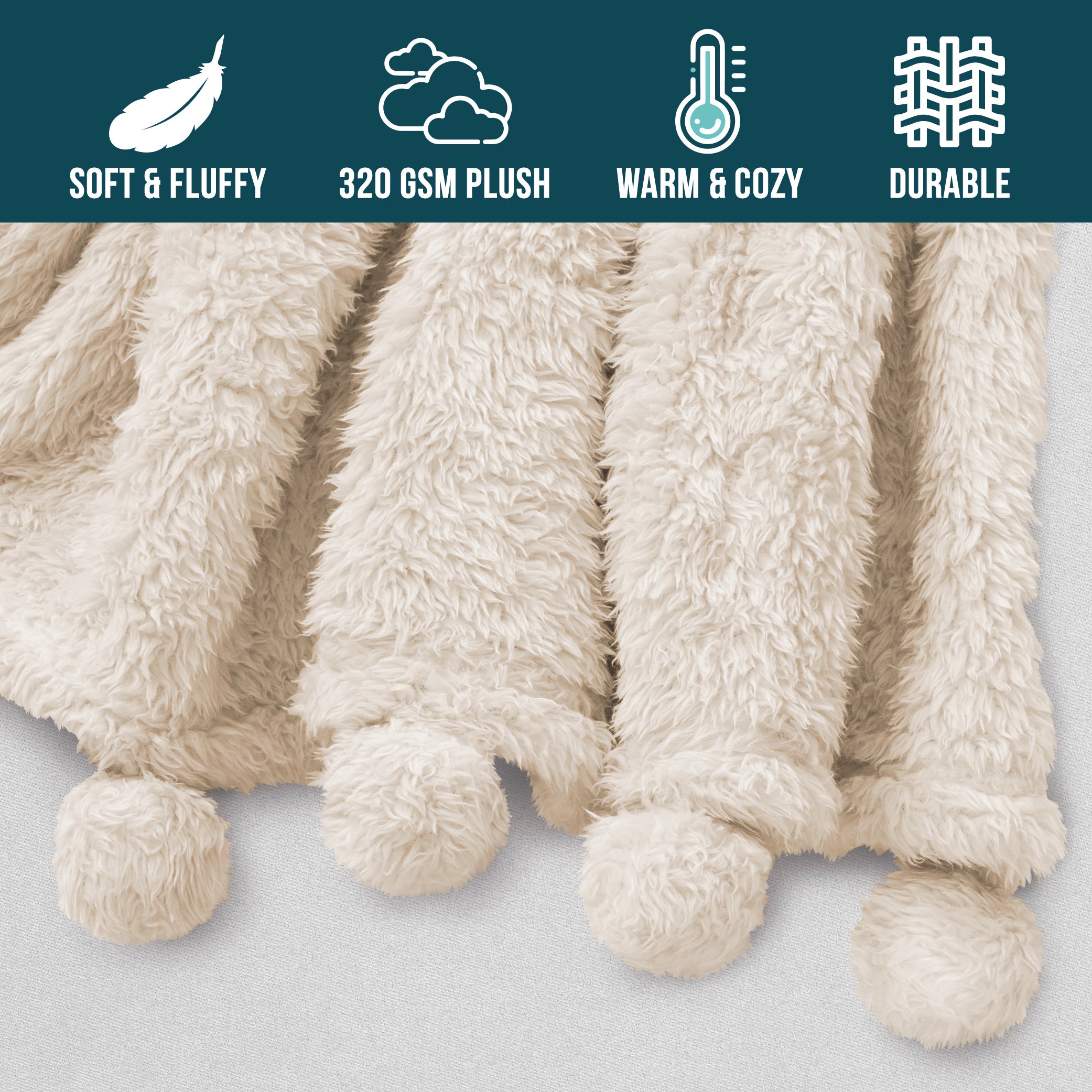Ivory Cream Sherpa Throw Blanket with Soft Pom Pom Fringe, Plush Cozy Warm Blankets for Couch Bed Sofa, Fuzzy Fleece ... - Image 4