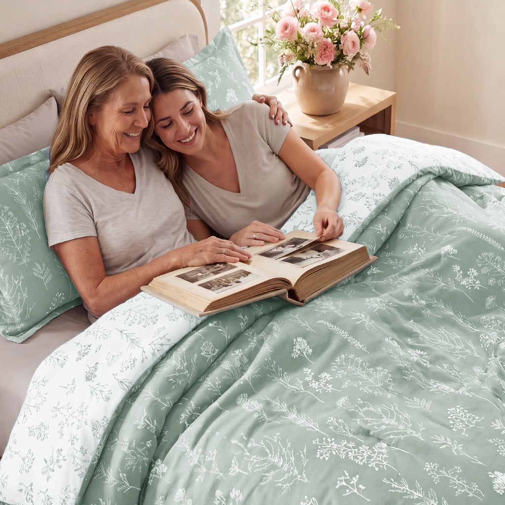 3 Pieces Sage Green Queen Size Comforter Sets, Cute Flowers Botanical Lightweight Soft Bedding Set with 2 Pillow Shams - Image 3