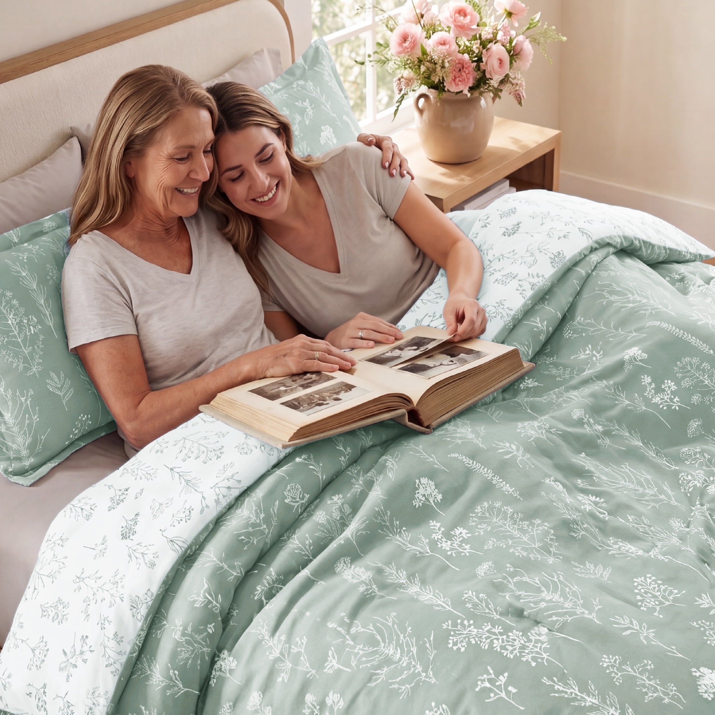3 Pieces Sage Green Queen Size Comforter Sets, Cute Flowers Botanical Lightweight Soft Bedding Set with 2 Pillow Shams - Image 3