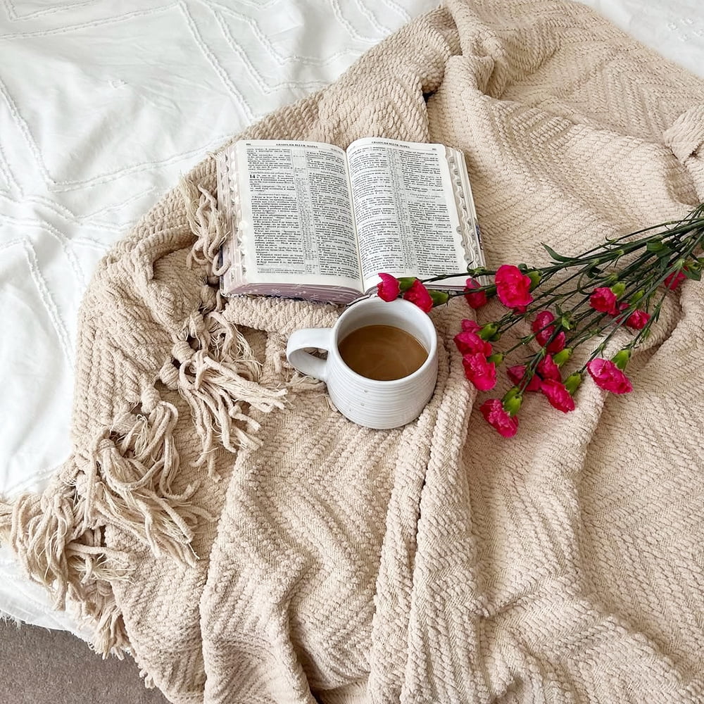 Beige Throw Blanket,Textured Knitted Tan Throws with Tassels,Neutral Sofa Bed Throws,50"x60" - Image 3