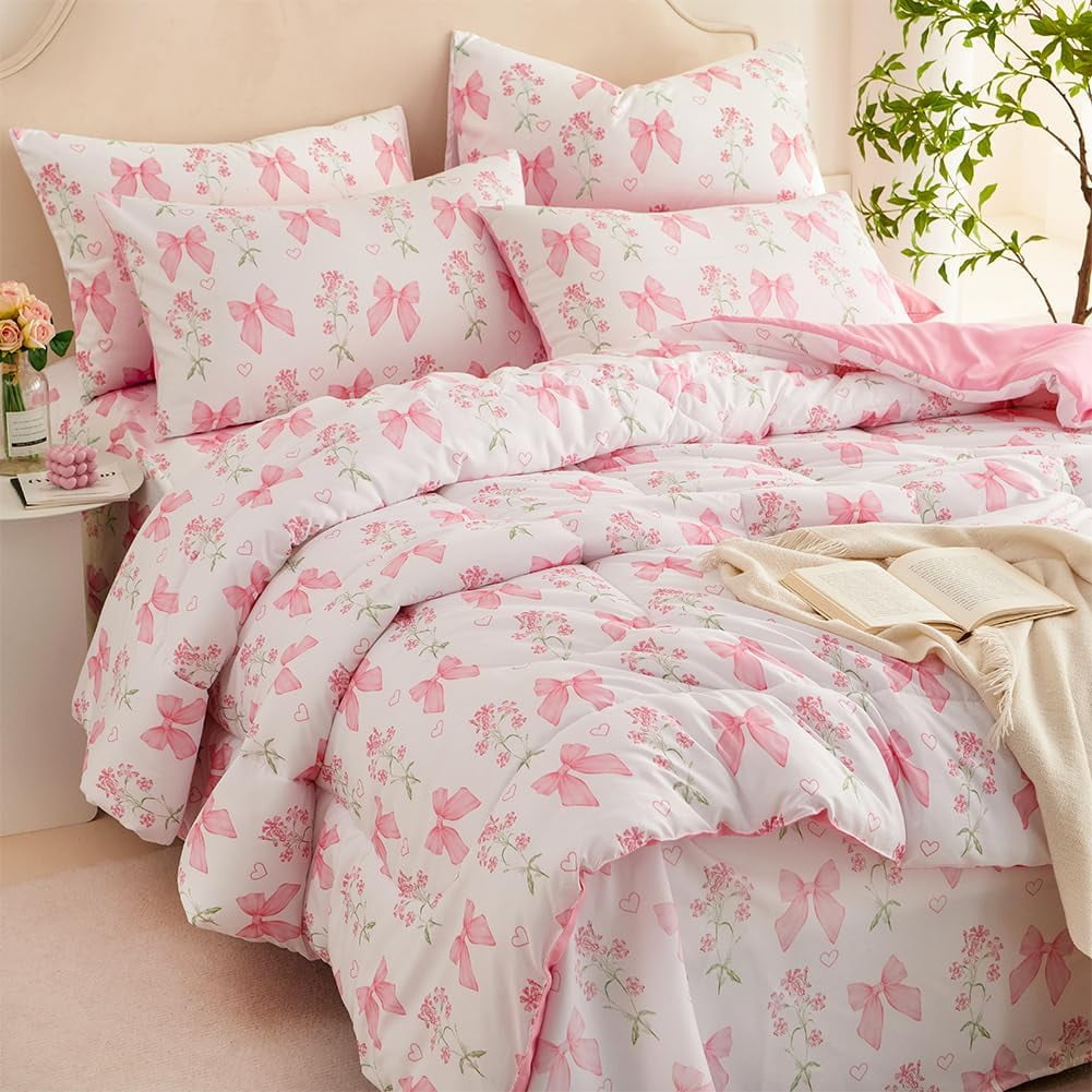 JOLUSERE Pink Bowknot Girls Comforter Set Twin Size, 3 Pieces Bows Princess Style Bedding Set for Girls for All Season - Image 3