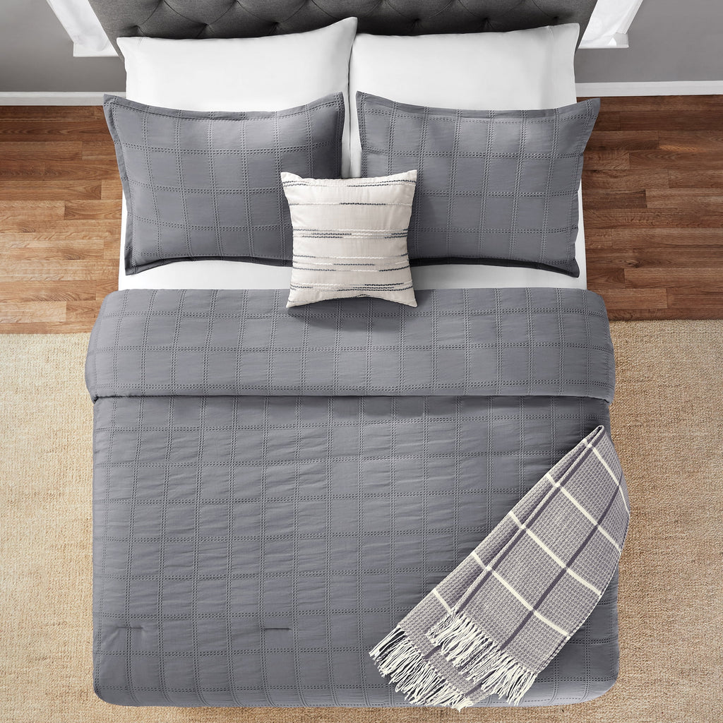 Full/Queen Comforter Set, All-Season, 5-Piece, Grey Waffle Check - Image 5