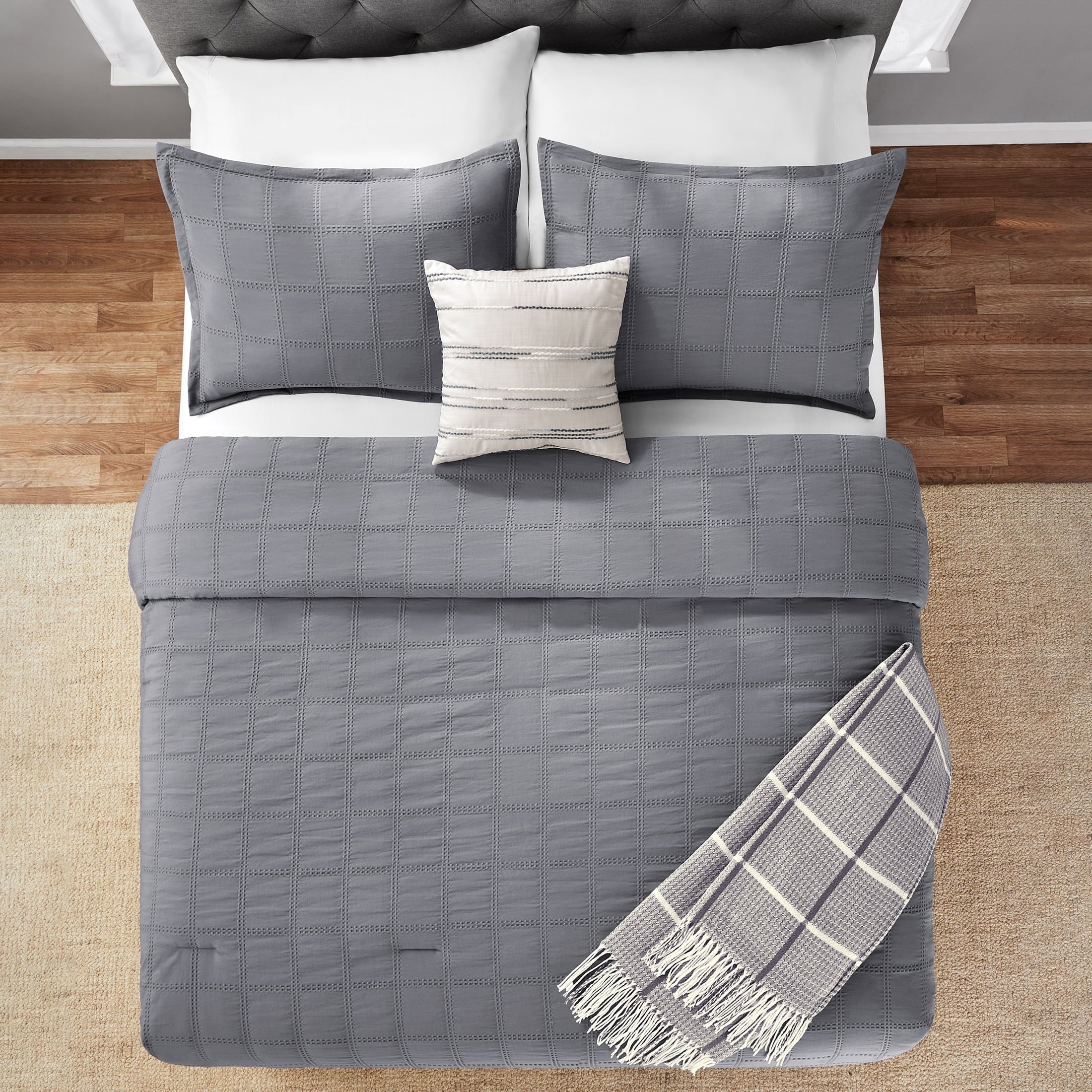 Full/Queen Comforter Set, All-Season, 5-Piece, Grey Waffle Check - Image 5