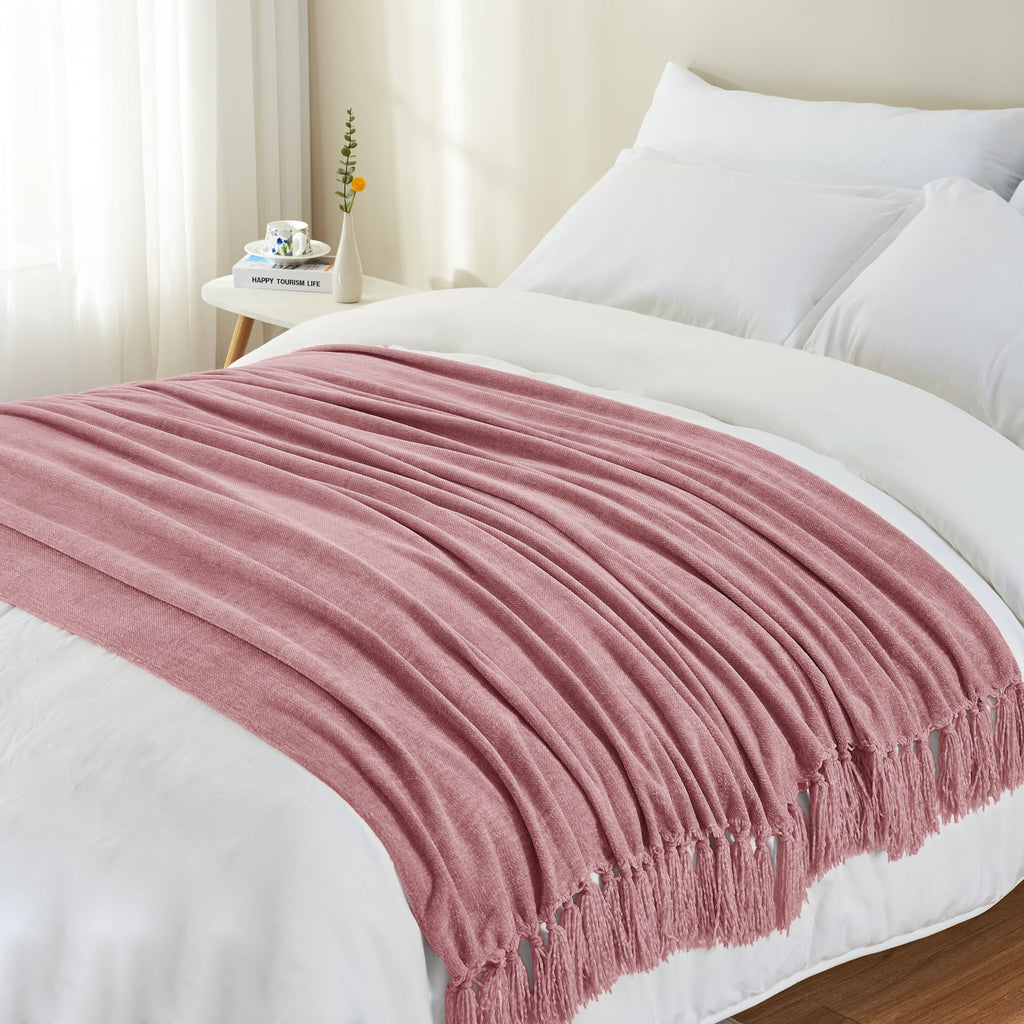 Chenille Throw Blanket with Fringe Tassel for Couch Sofa Chair Bed, Mauve 50" X 70" - Image 5