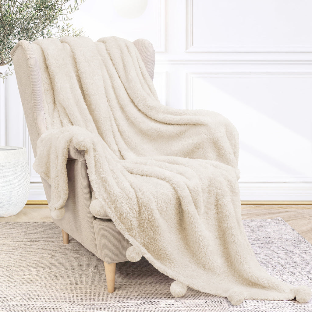 Ivory Cream Sherpa Throw Blanket with Soft Pom Pom Fringe, Plush Cozy Warm Blankets for Couch Bed Sofa, Fuzzy Fleece ... - Image 2