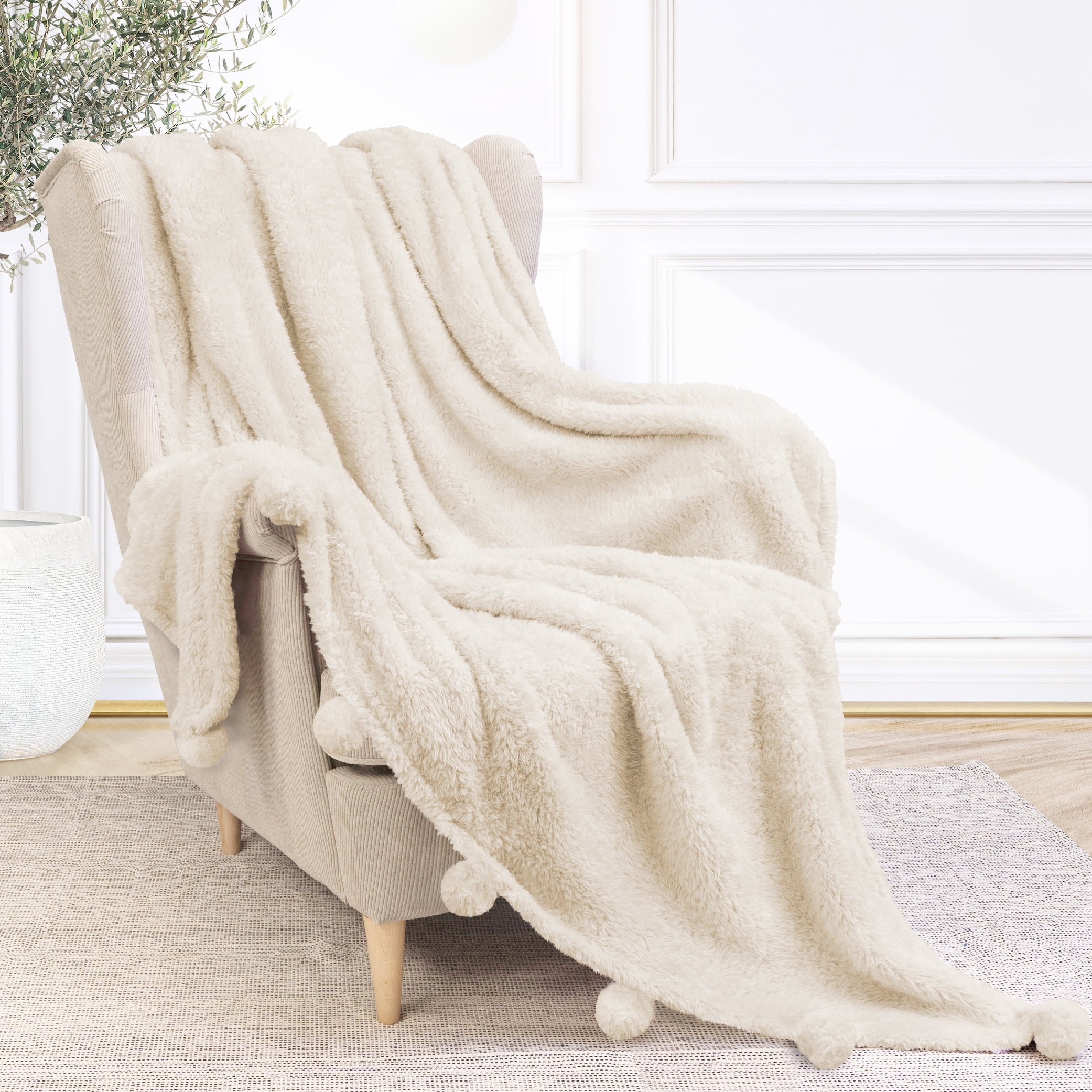 Ivory Cream Sherpa Throw Blanket with Soft Pom Pom Fringe, Plush Cozy Warm Blankets for Couch Bed Sofa, Fuzzy Fleece ... - Image 2