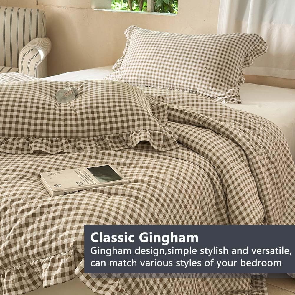 Tan Gingham Ruffle Queen Comforter Set, Taupe Ruffled Plaid Bedding Set, Ruffled Checked Bed Comforter 3 Pieces(Tan Gingham, Queen) - Image 5