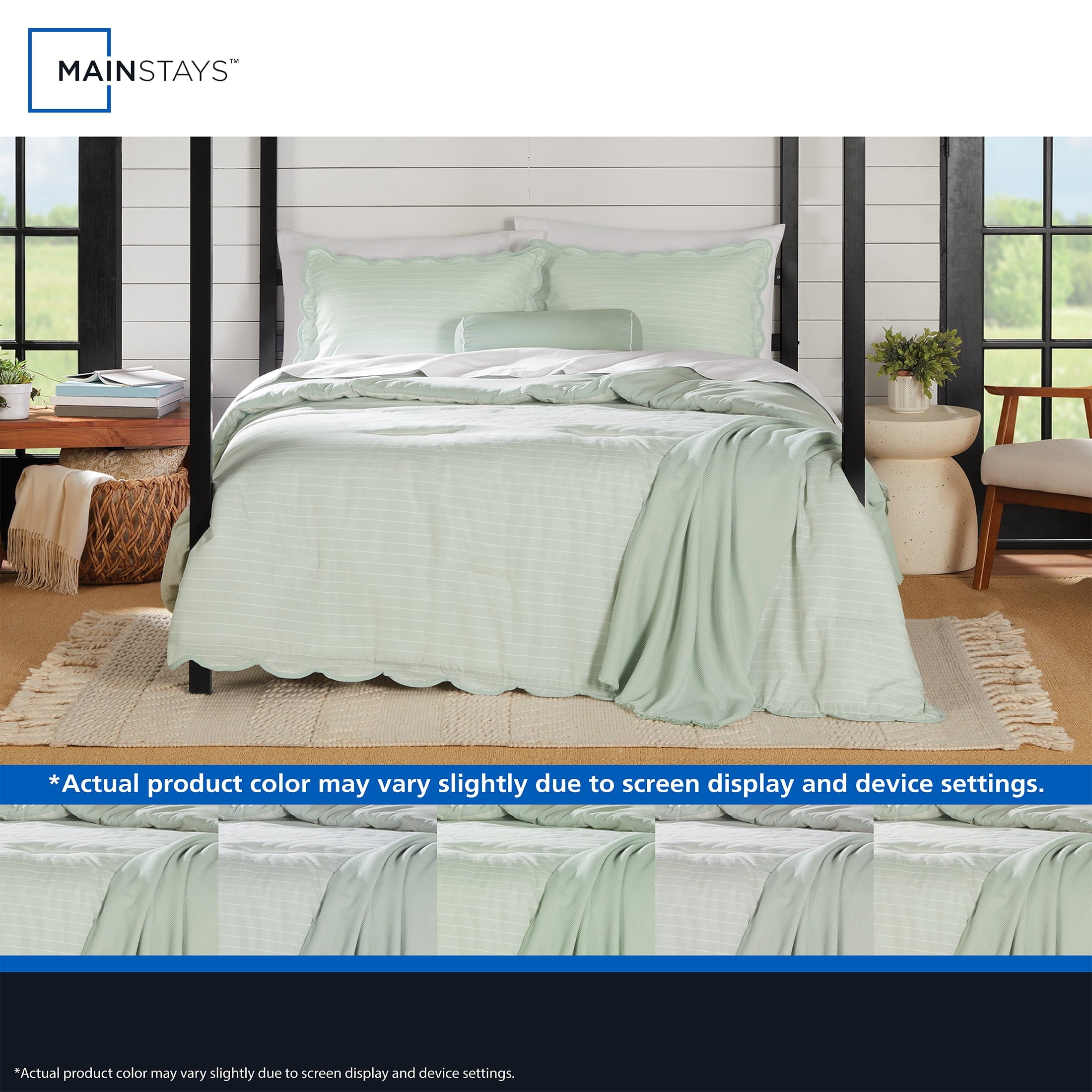 Mainstays Full/Queen Comforter Set, All-Season, 5-Piece, Sage Pick Stitch Scallop - Image 5