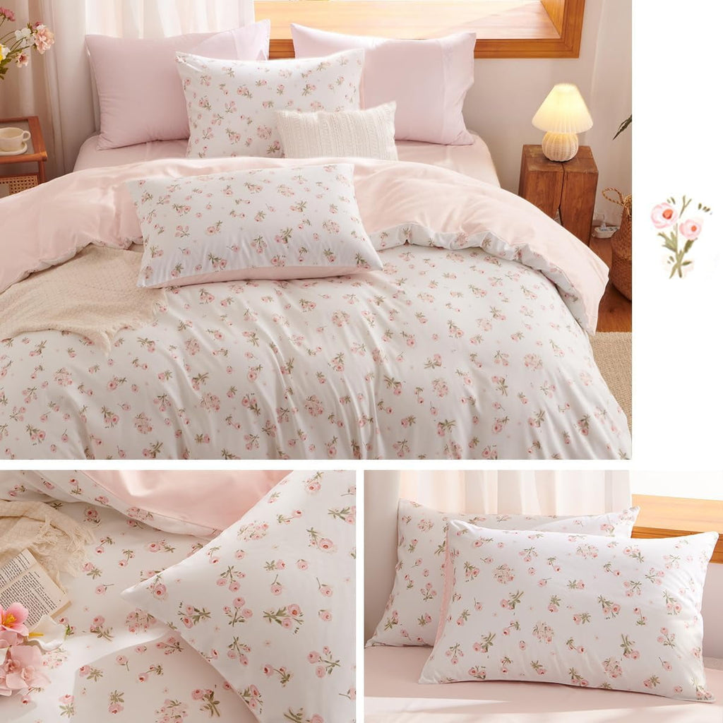 Pink loyalty Floral Comforter Queen Sets, 3 Pieces Chic Botanical Pink White Floral Reversible Comforter for All Season - Image 5