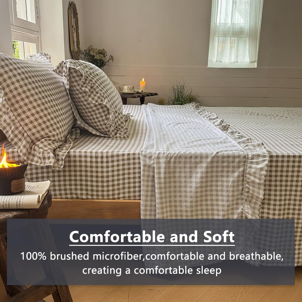 Tan Gingham Ruffle Queen Sheet Set, Taupe Soft Pre-Washed Microfiber Plaid Ruffled Queen Bed Sheets, 4-Pieces Farmhouse Sheet Set with Deep - Image 4