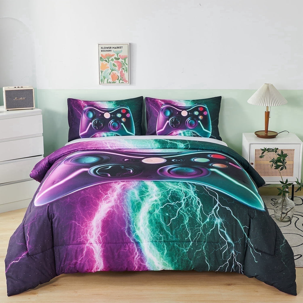 PERFEMET Queen Size Gaming Comforter Set for Boys,3-Piece 3D Green Purple Lightning Game Controller Bedding Set for Kids Teens - Image 2