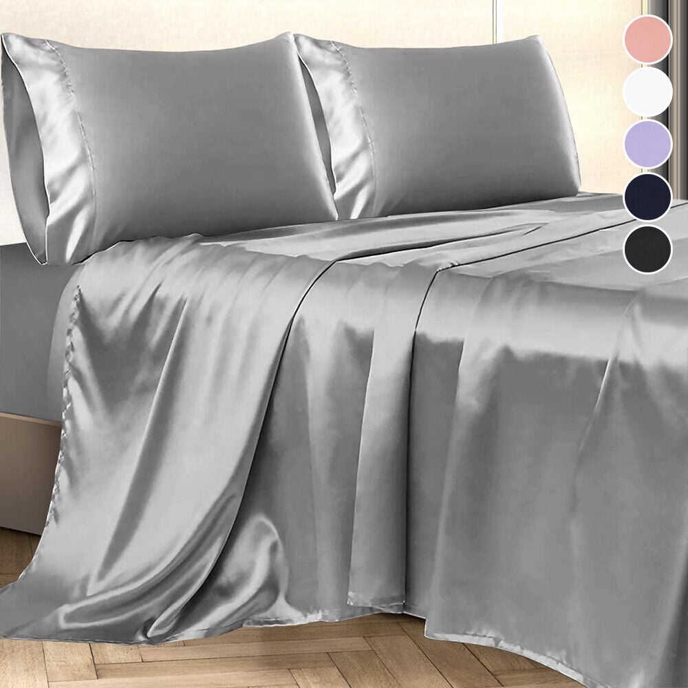Twin Silk Gray Bed Sheet Set Deep Pocket Bed Flat Fitted Sheet, 3-Pieces - Image 4