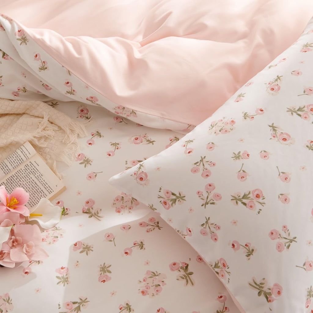Pink loyalty Floral Comforter Queen Sets, 3 Pieces Chic Botanical Pink White Floral Reversible Comforter for All Season - Image 6