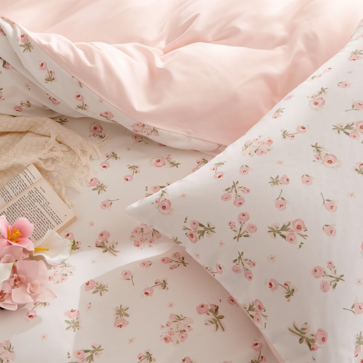 Pink loyalty Floral Comforter Queen Sets, 3 Pieces Chic Botanical Pink White Floral Reversible Comforter for All Season - Image 6