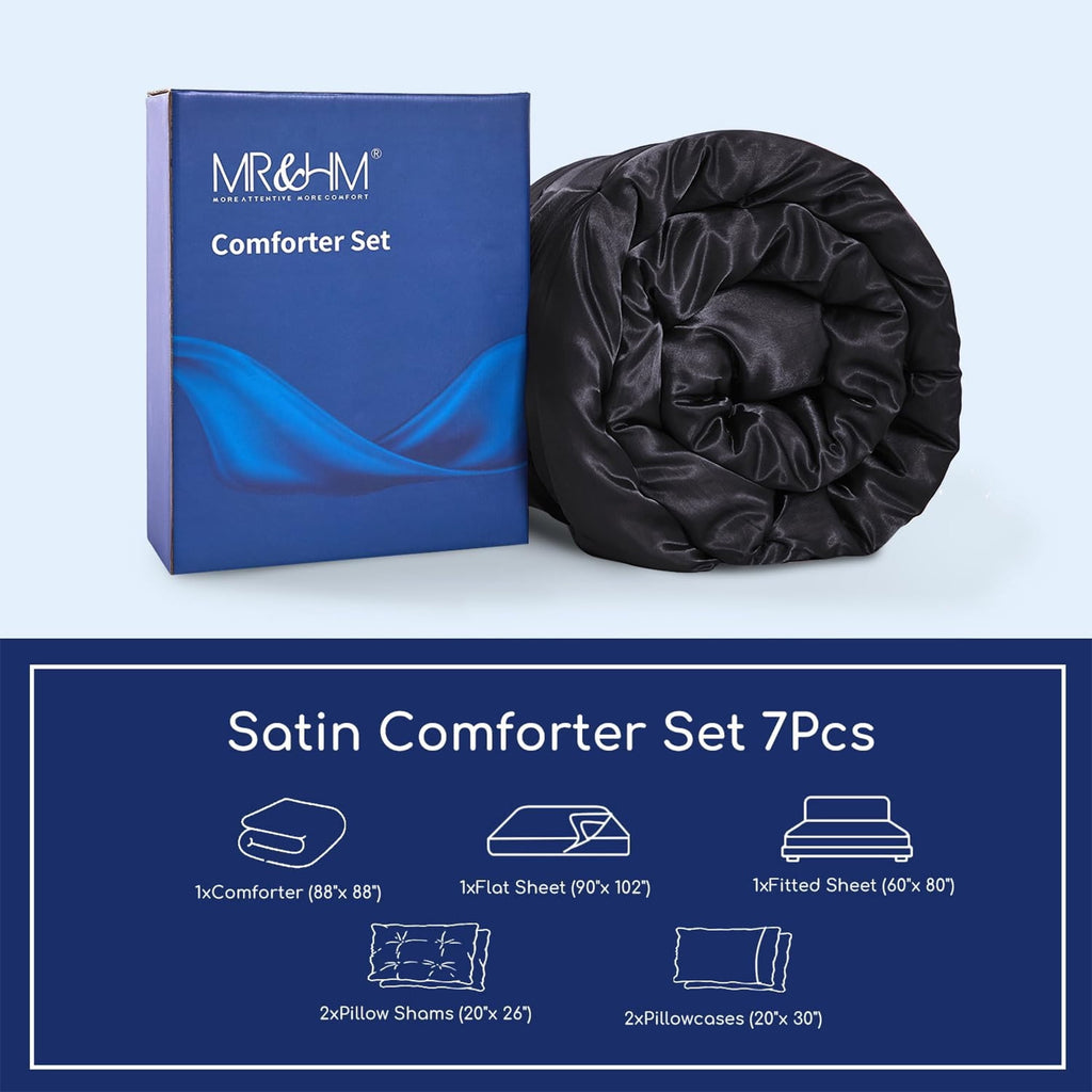 Satin Comforter Set 7 Pieces Queen Size - Luxurious Pinch Pleat Bed in a Bag with Satin Comforter, Satin Sheets, Sati... - Image 4