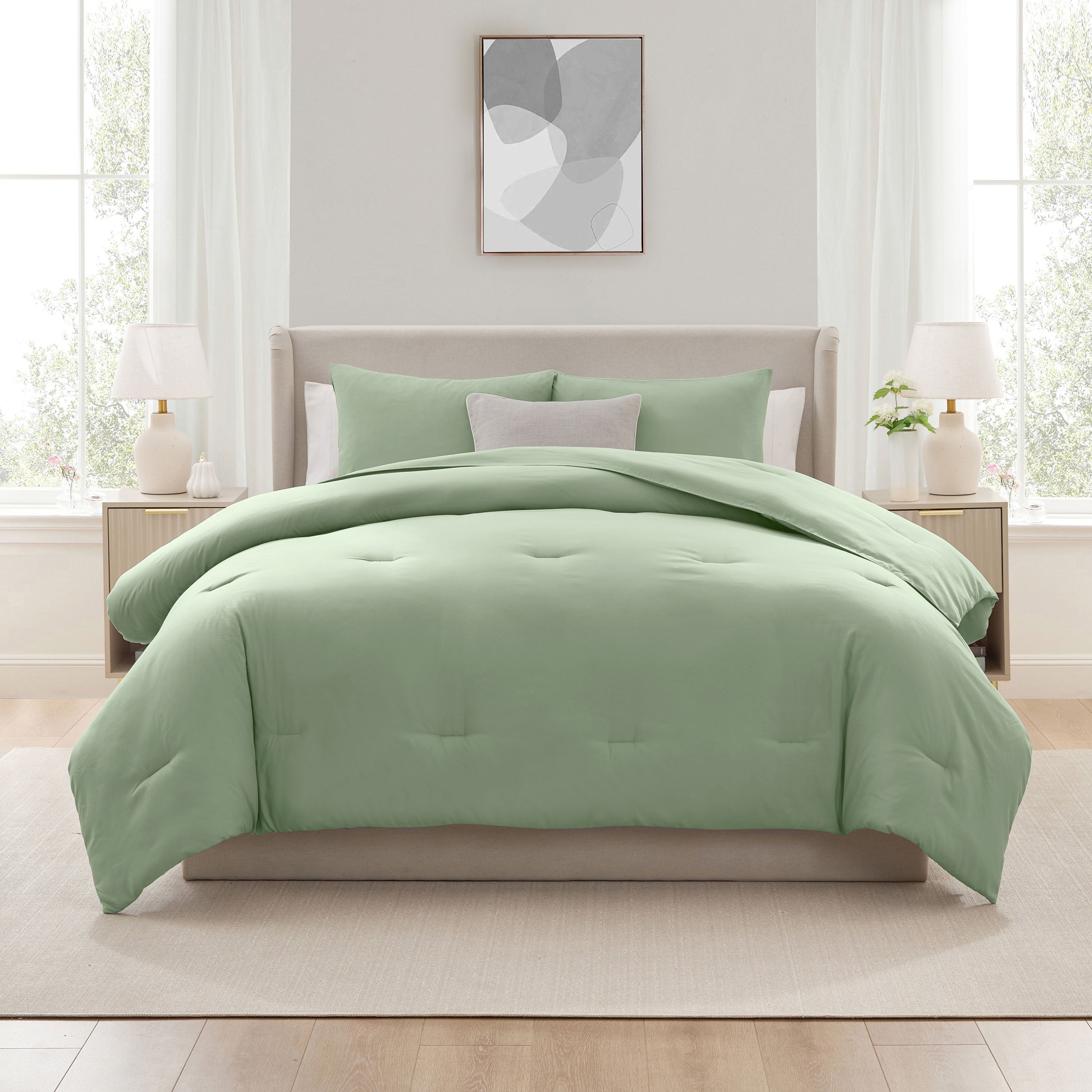 Comforter Sets, All Season Lightweight Solid Queen Comforter Set, 3-Pc Bedding Sets, Sage Green - Image 3