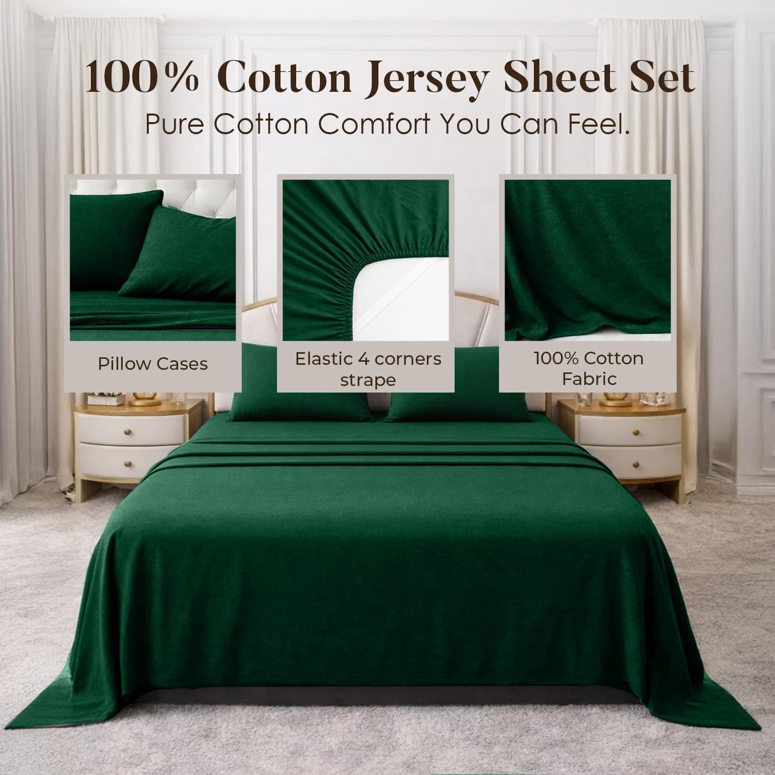 Bed Sheet Set Twin 3 Piece Hunter Green Breathable Soft Cotton Jersey Sheets with Deep Pockets, Unisex - Image 5