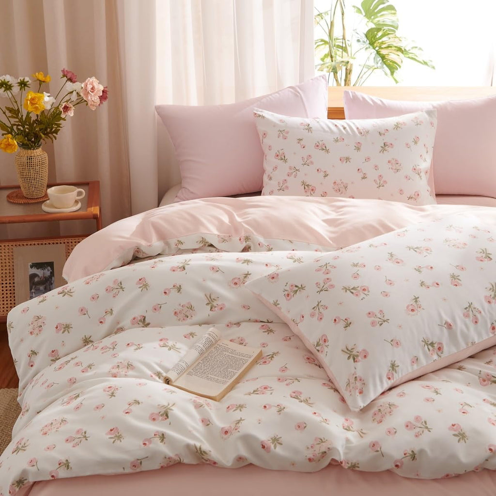 Pink loyalty Floral Comforter Queen Sets, 3 Pieces Chic Botanical Pink White Floral Reversible Comforter for All Season - Image 4