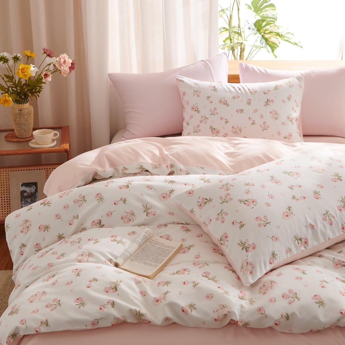 Pink loyalty Floral Comforter Queen Sets, 3 Pieces Chic Botanical Pink White Floral Reversible Comforter for All Season - Image 4