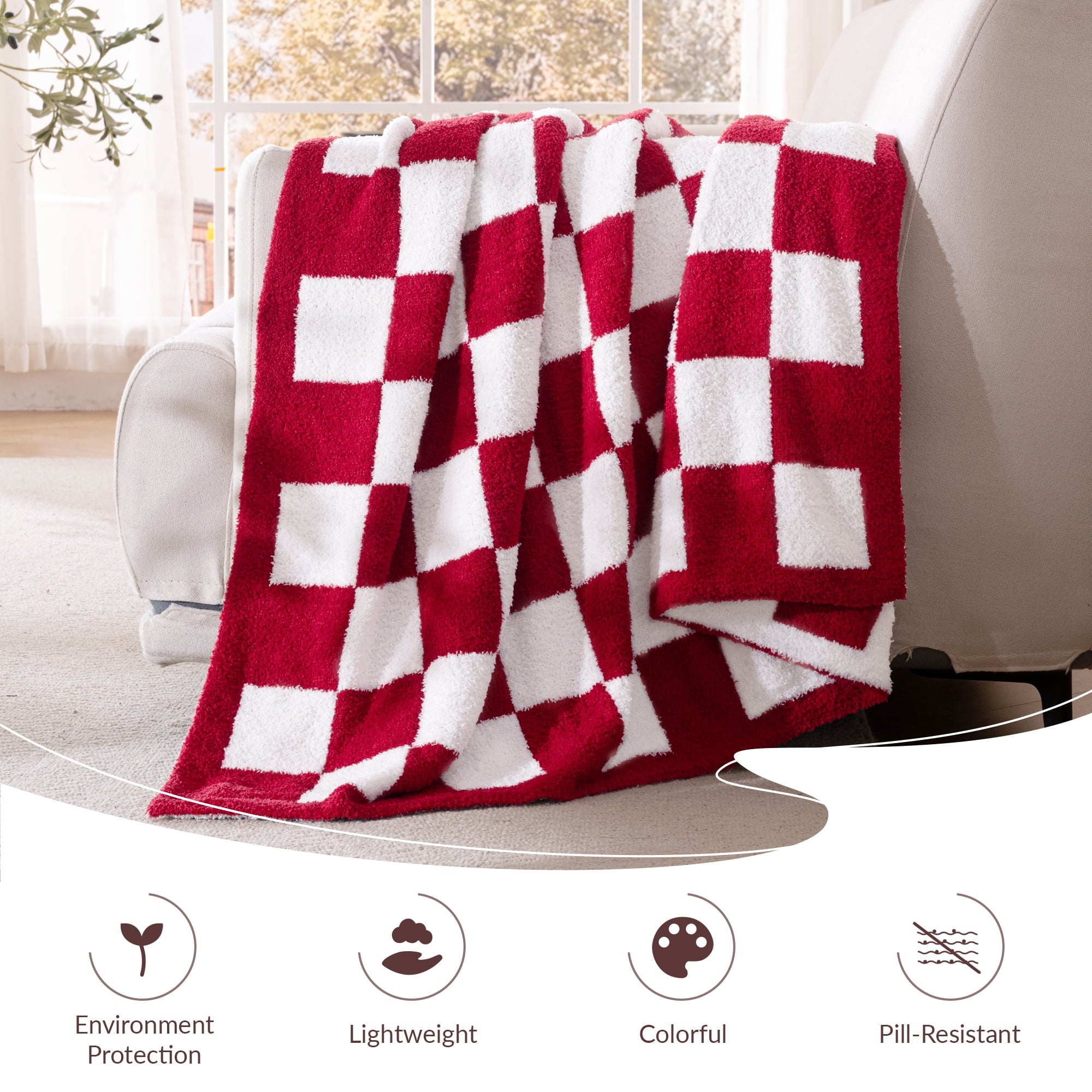 Checkered Knit Throw Blanket, Ultra Soft Cozy Fluffy Checkerboard Blankets, Lightweight Fuzzy Plush Throw for Couch a... - Image 3