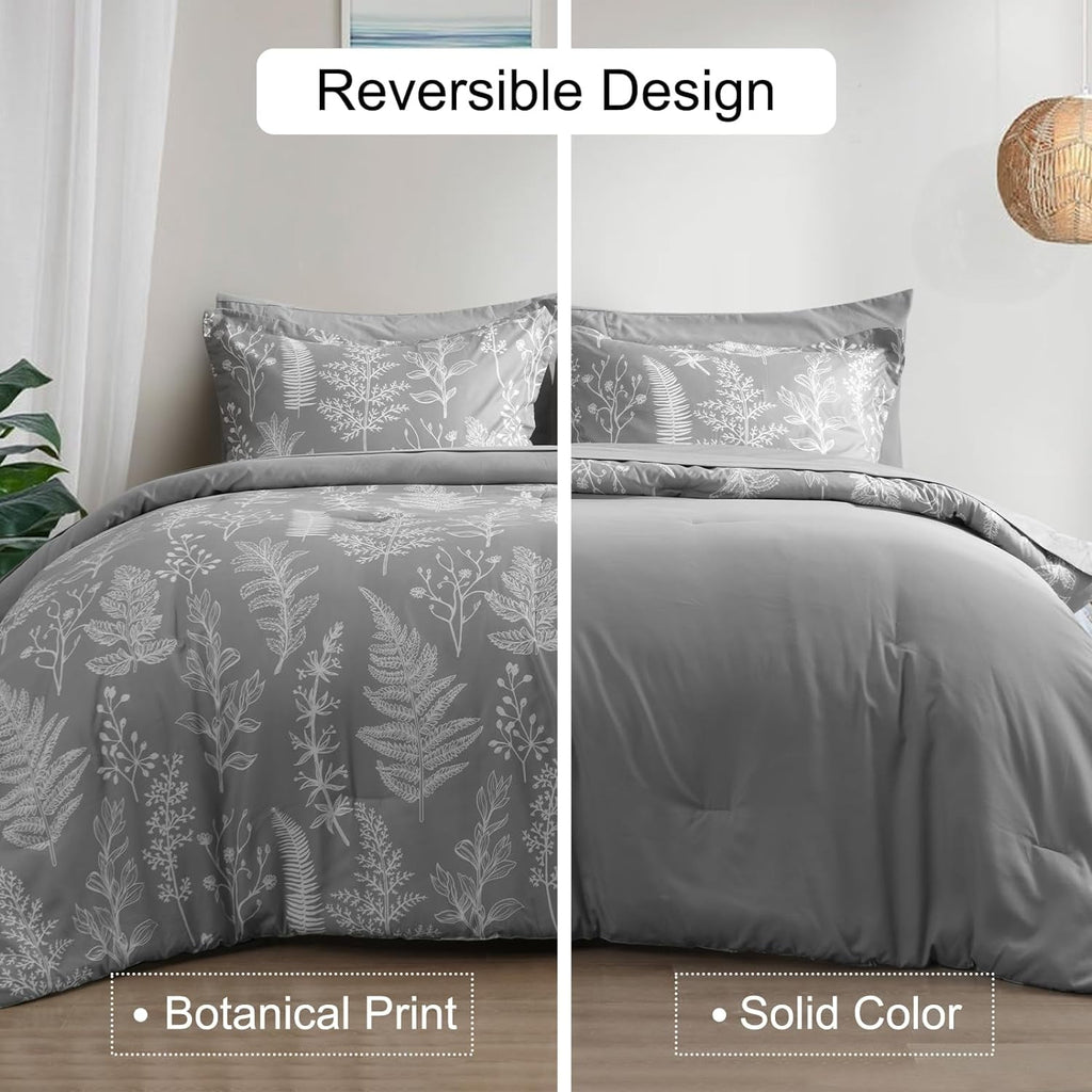 7 Pieces Printed King Comforter Set, Lightweight Reversible Botanical Bedding Set Include Comforter, Pillow Shams, Fl... - Image 4