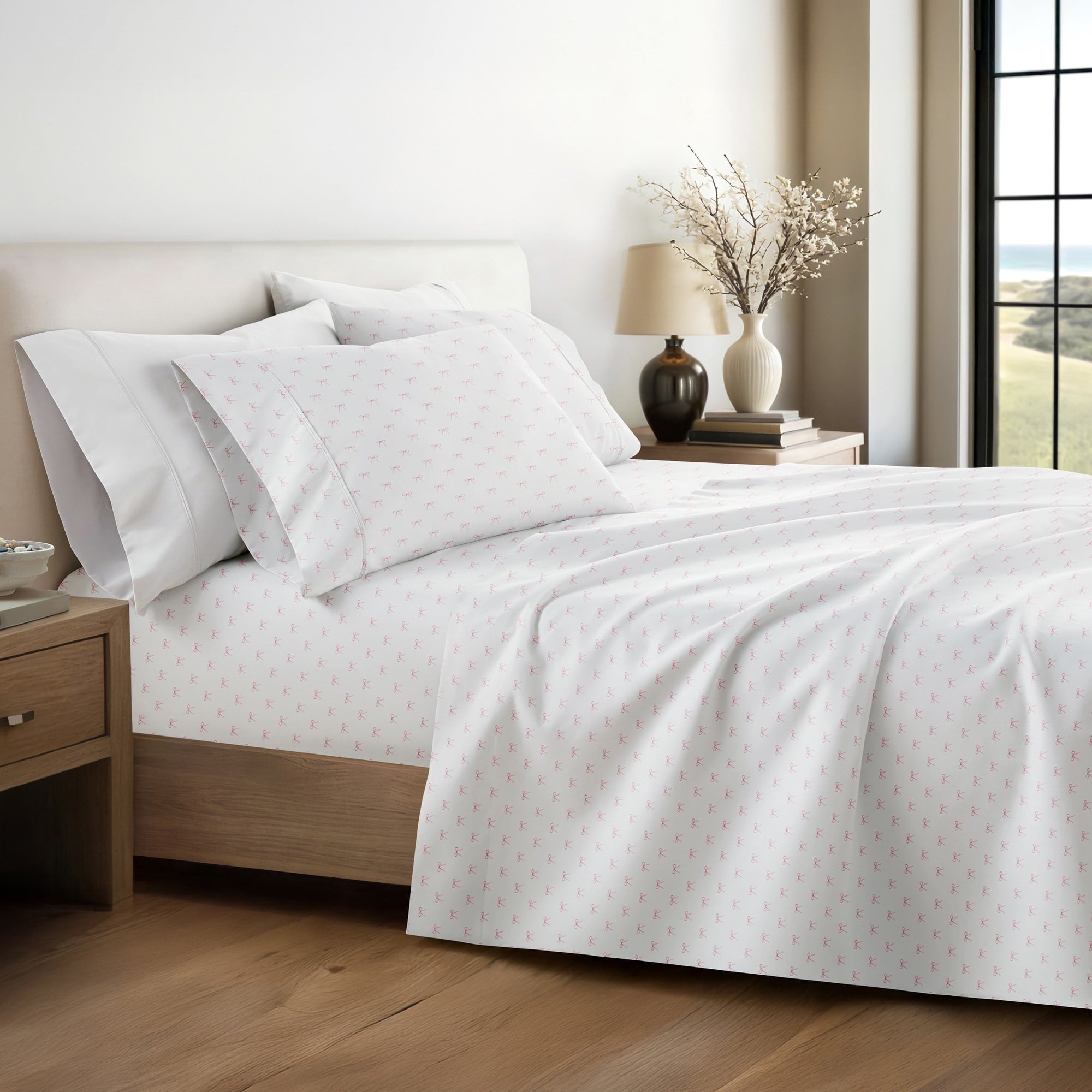 Noble Linens 3 Piece Ditsy Pattern Microfiber Bed Sheets, Pink Bows, Twin-XL - Image 2
