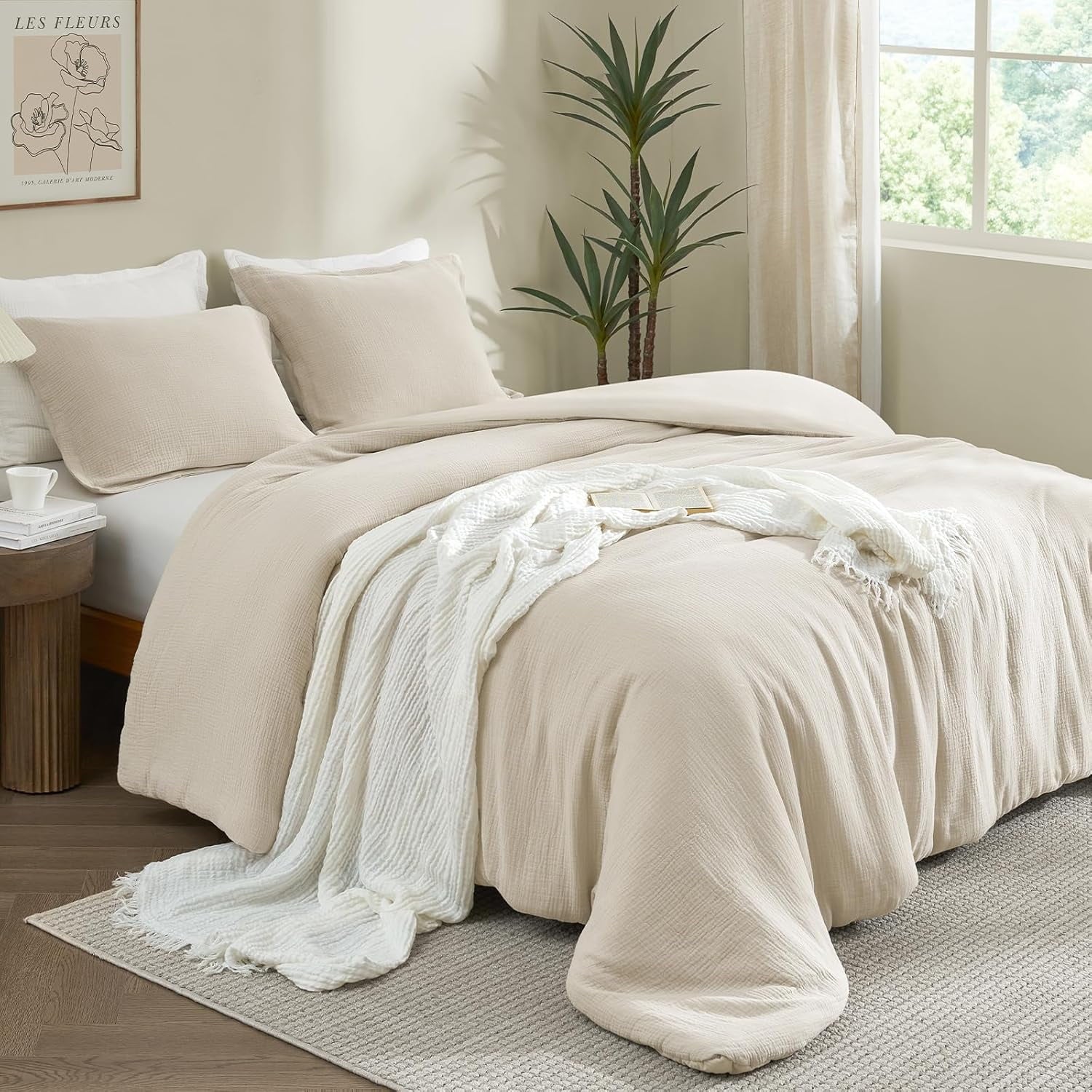 PHF Cotton Muslin Comforter Set Queen Size, Ultra Soft Breathable & Lightweight Bedding Set for All Seasons, 1 Comfy Comforter 90"x90", 2 Pi - Image 5