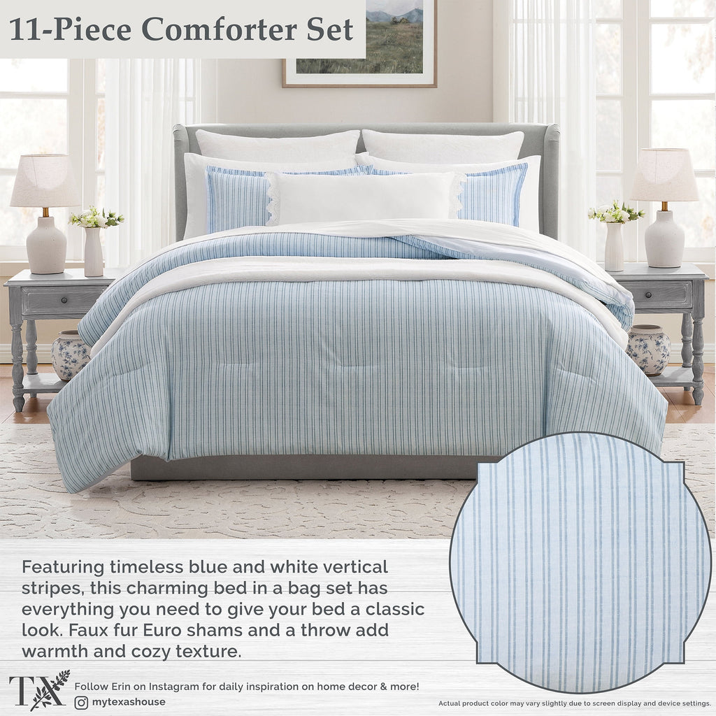 Stripe 11-Piece Comforter Set with Sheets, Blue, Queen - Image 4