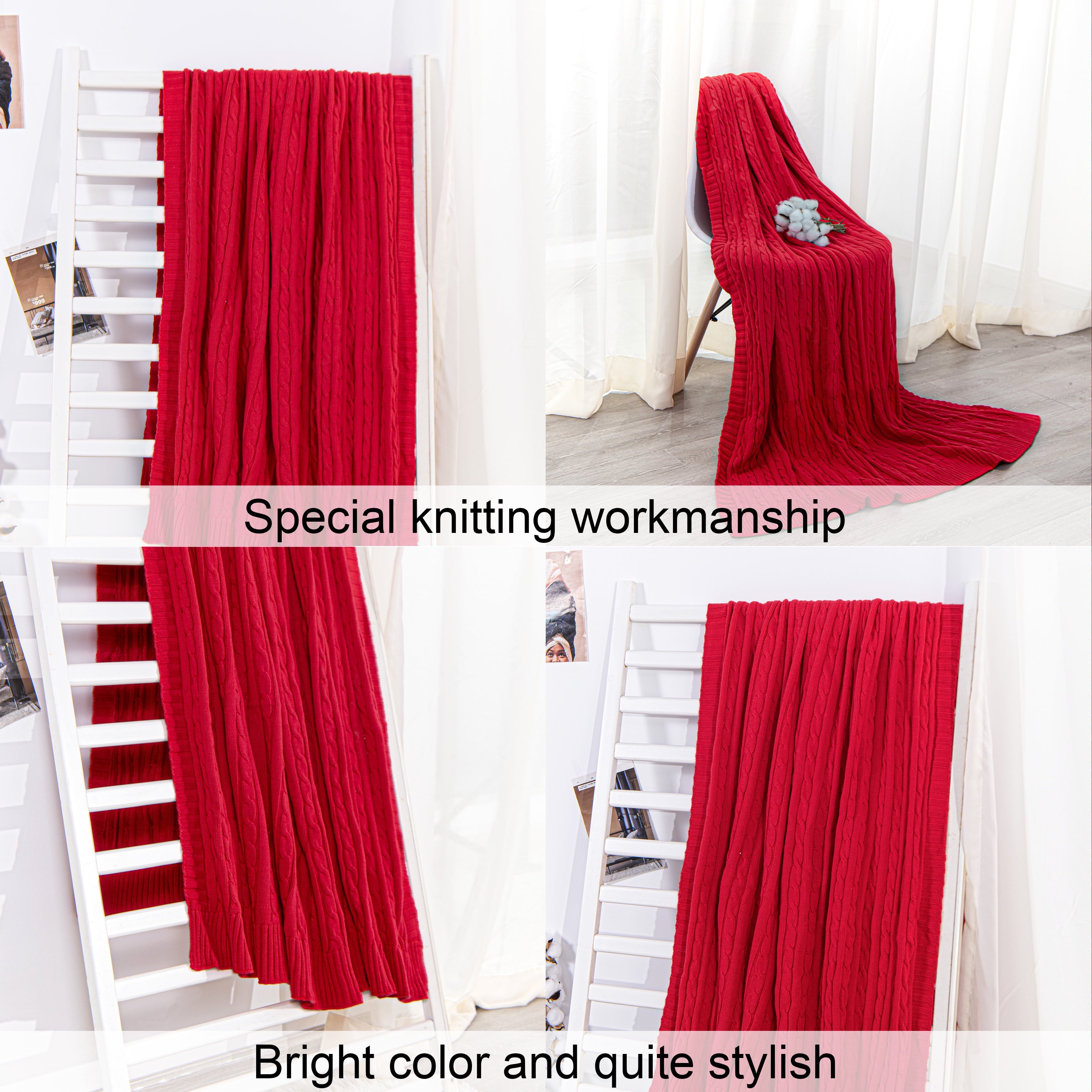 Ntbay 100% Cotton Cable Knit Throw, Super Soft Warm Knitted Blanket Home Decor, 51"x67", Red - Image 2