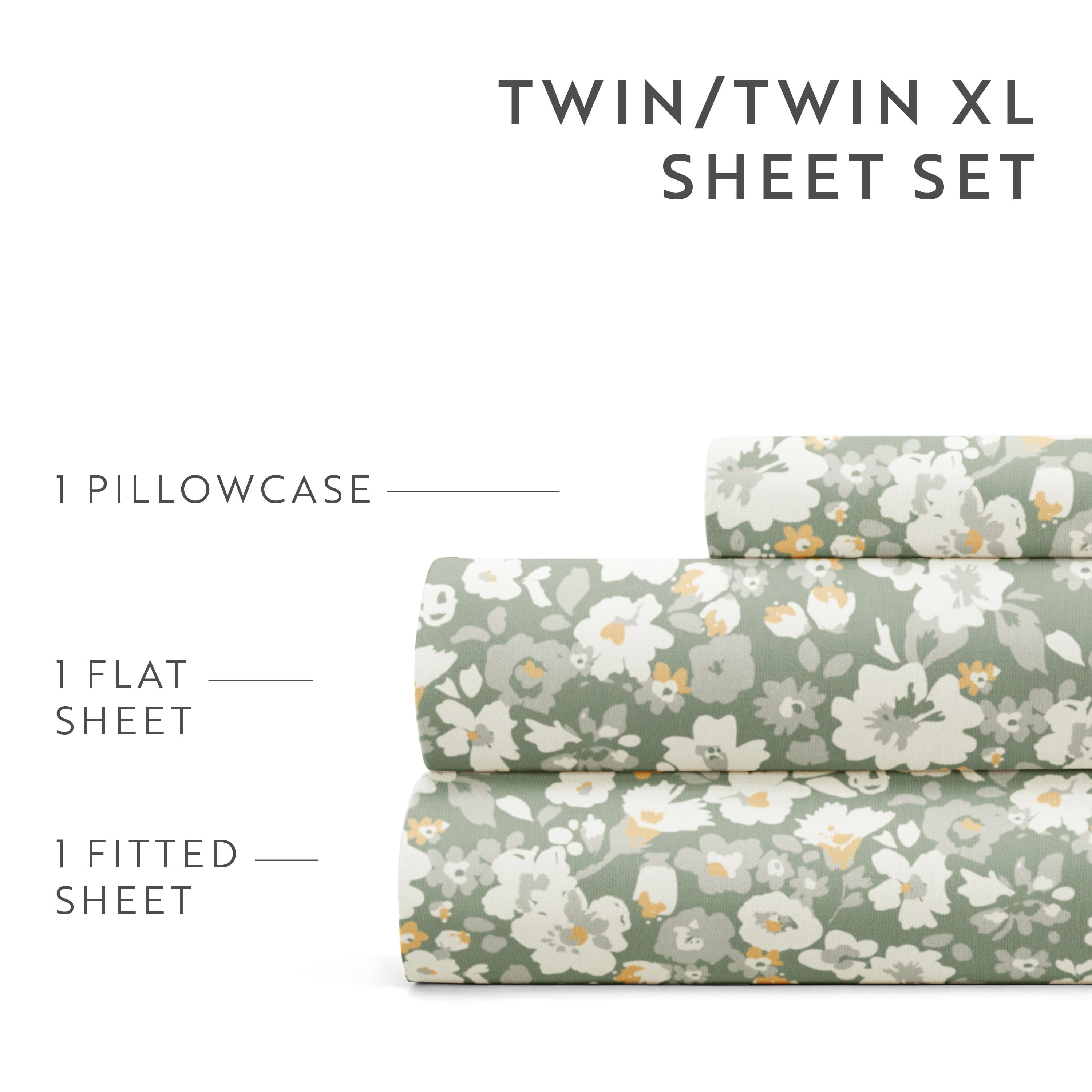 4 Piece Pattern Microfiber Bed Sheets Set, Floral Dream Eucalyptus, Twin - Image 4