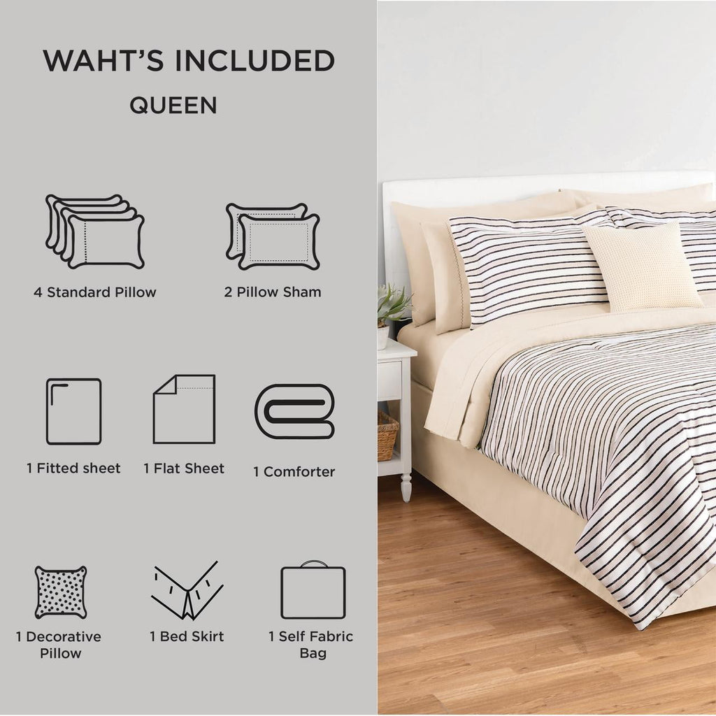 Soft Touch Bed in a Bag 11-Piece Reversible Tan & Black Striped Comforter Set with Sheets, Queen - Image 2