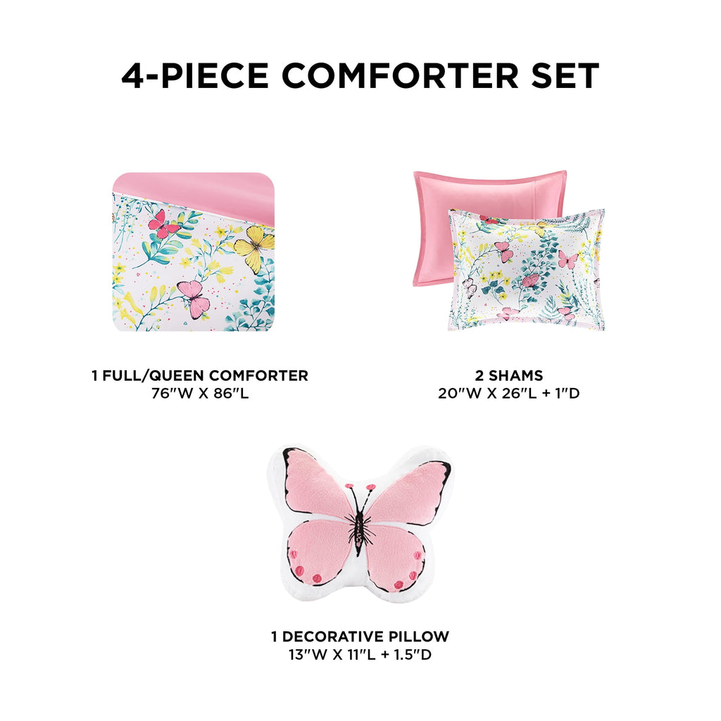 Full/Queen Size Comforter Sets, 4-Piece Kids Bedding Set for Girls, Butterfly Floral Comforter Bed Set, White/Pink - Image 6