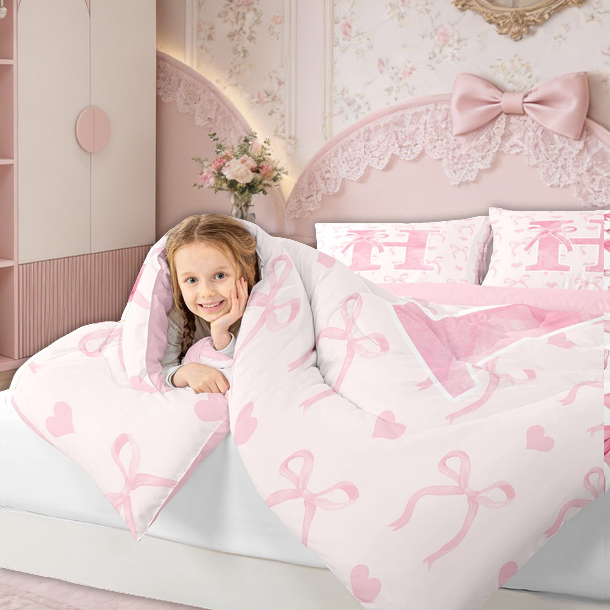 Kawaii Bowknot Bedding Sets Full with Comforter, Initial H Duvet Insert, Romantic Initial A-Z Decor, Reversible - Image 5