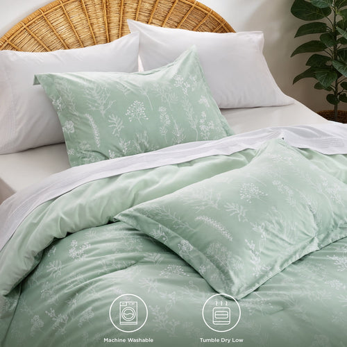 3 Pieces Sage Green Floral Comforter Sets, 1 Botanical Flowers Reversible Comforter and 2 Pillow Shams, Queen Size Be... - Image 2