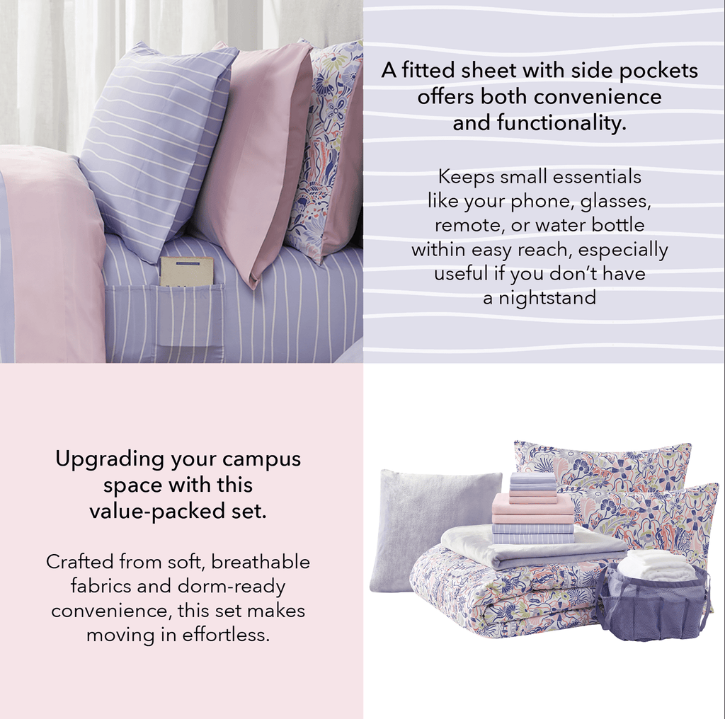 14pc College Dorm Essentials Bundle, Twin-XL, Reversible Bed in a Bag Comforter Set, Purple Floral - Image 6